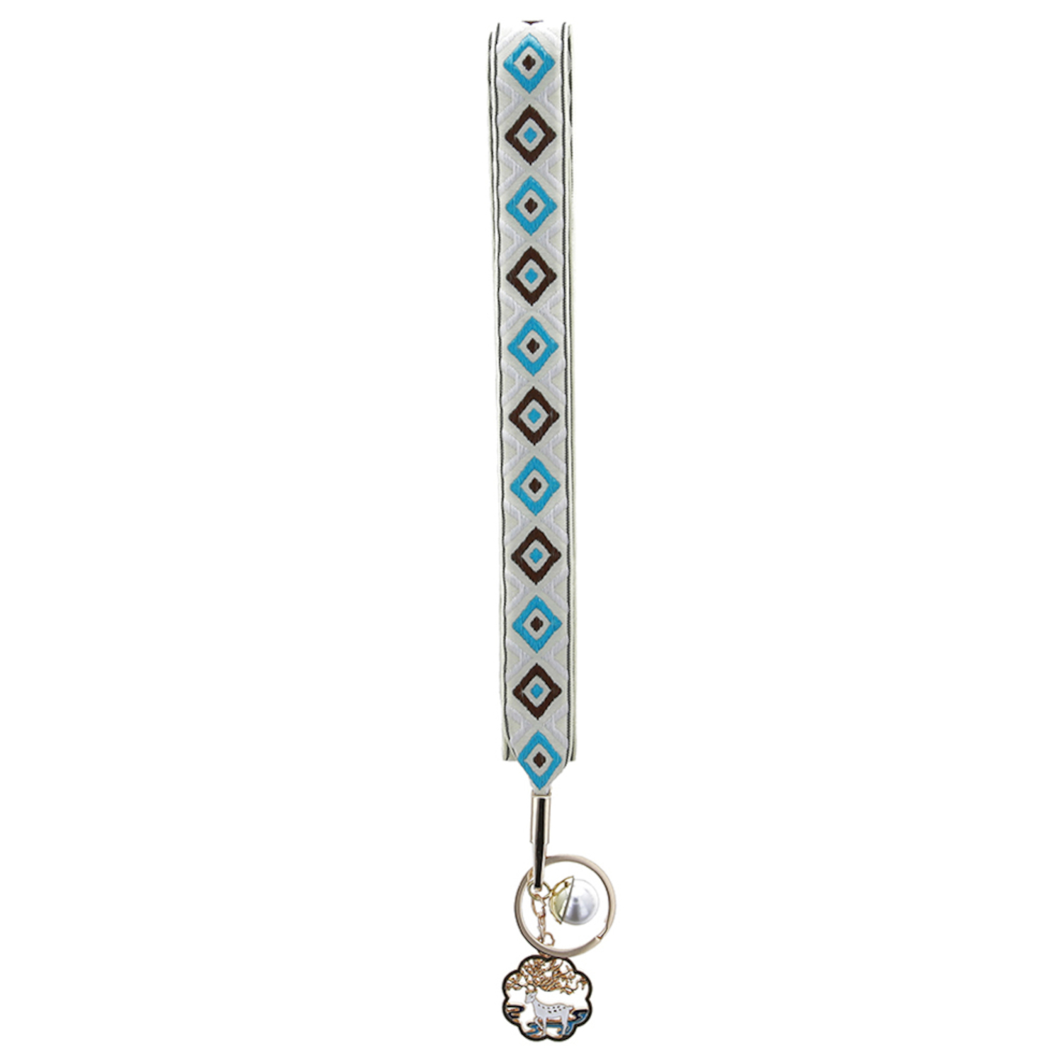 Ein Schlüsselband mit einem sich wiederholenden Rautenmuster in Weiß, Blau und Braun. Es hat einen Anhänger mit einem Pferd darauf.