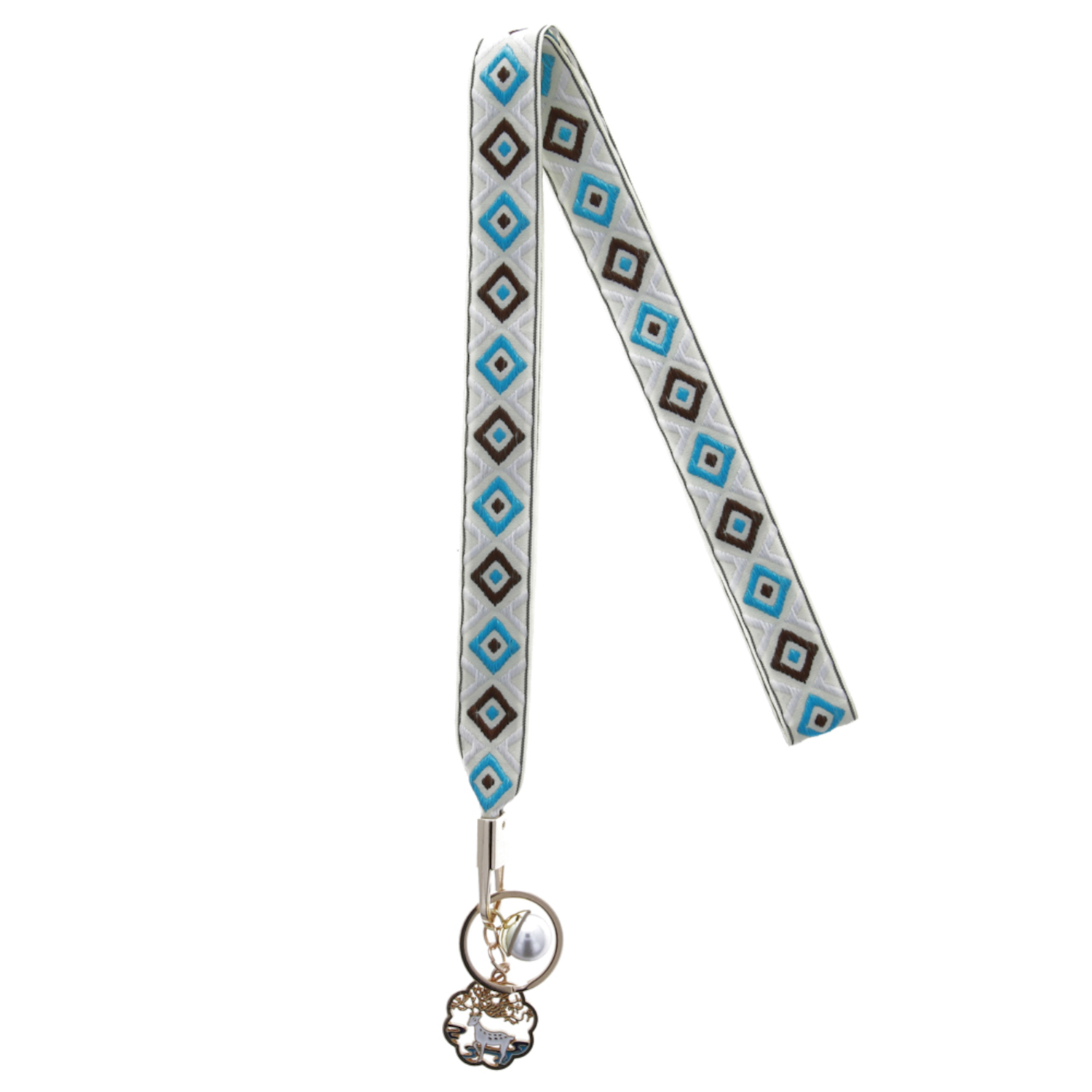 Weißes Schlüsselband mit blauem und braunem Diamantmuster, mit Anhänger und Schlüsseln.