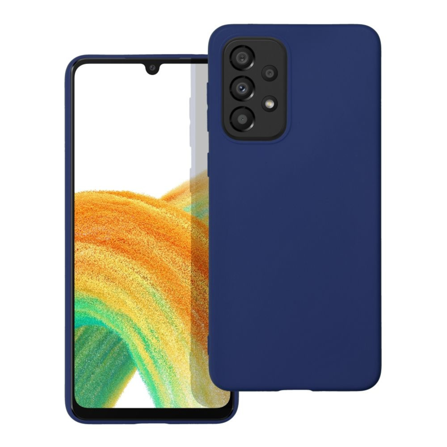Marineblaue Handyhülle und ein Telefon. Das Telefon hat mehrere Kameras.