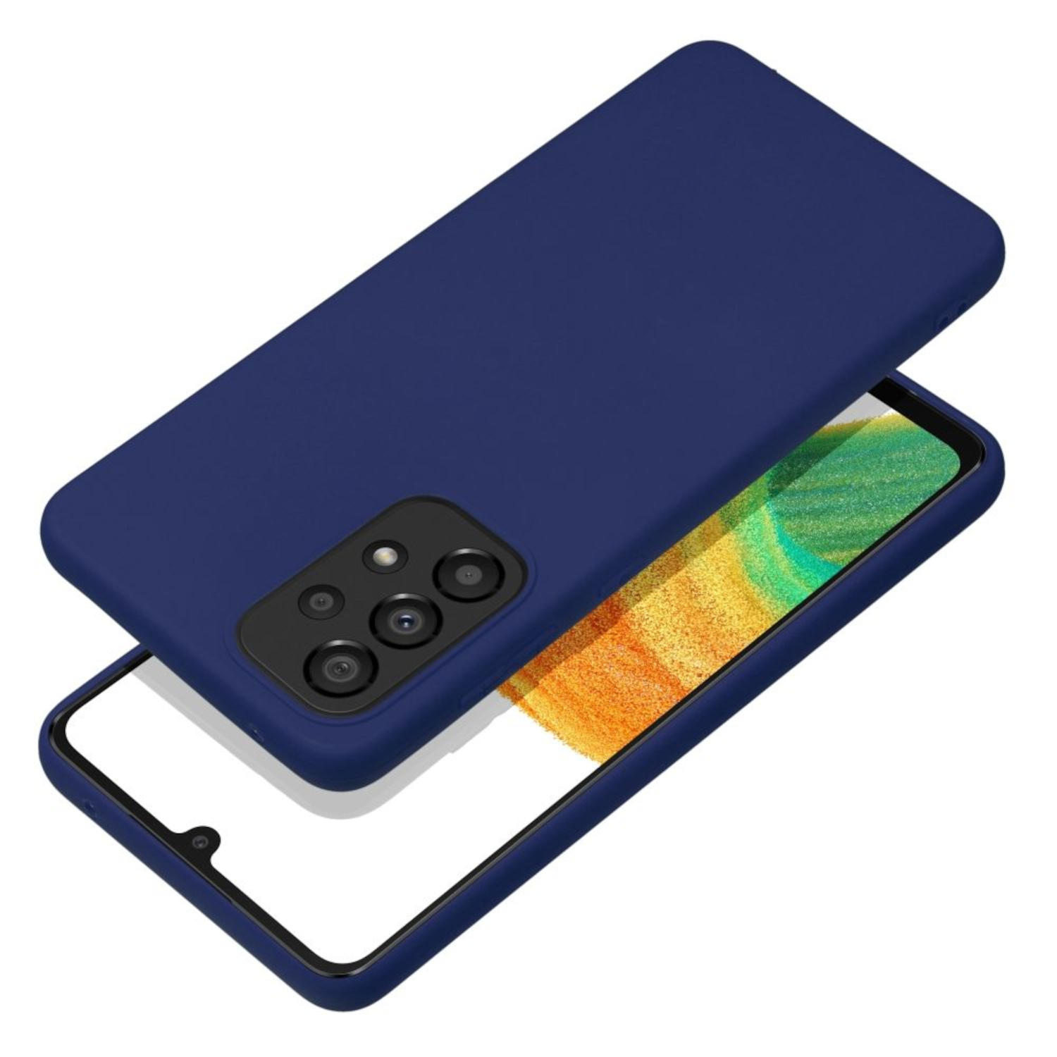 Blaue Handyhülle auf einem Handy, Kamera und Bildschirm.