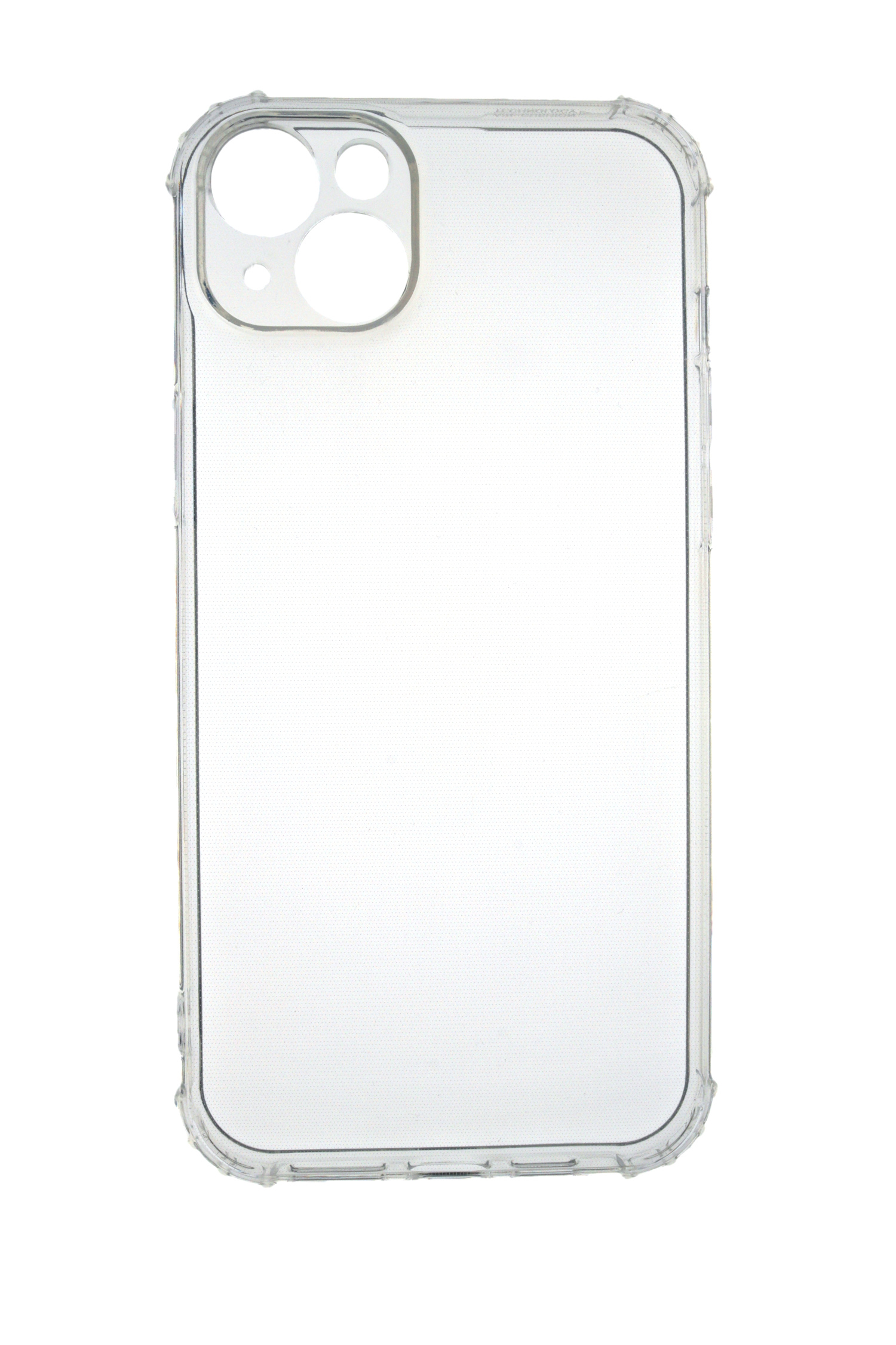 Eine transparente Handyhülle. Die Hülle ist transparent mit einem Gittermuster auf der Rückseite. Der Hintergrund ist weiß.