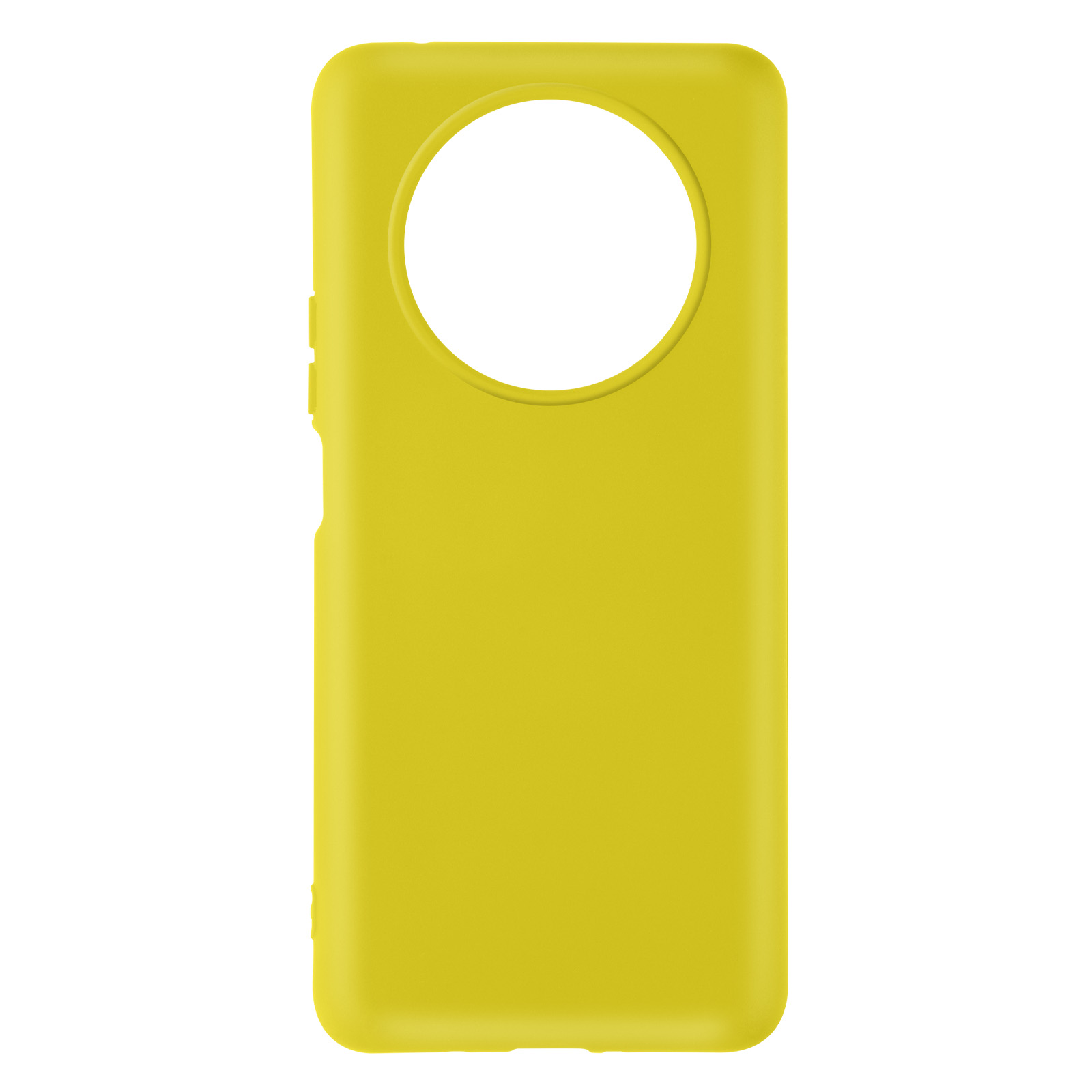 Gele telefoonhoes, achteraanzicht, met een glad, heldergeel oppervlak.