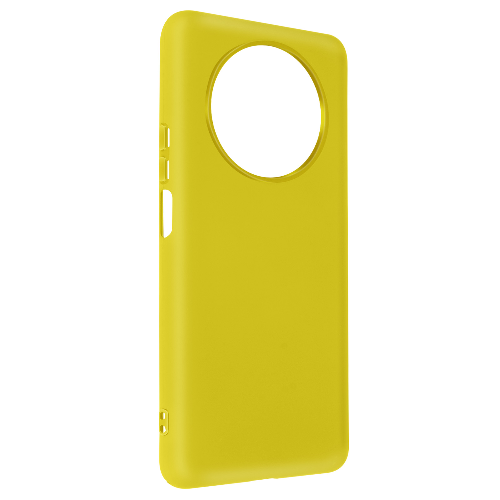 Gele telefoonhoes. De hoes heeft een uitsparing voor de camera en knoppen aan de zijkant.