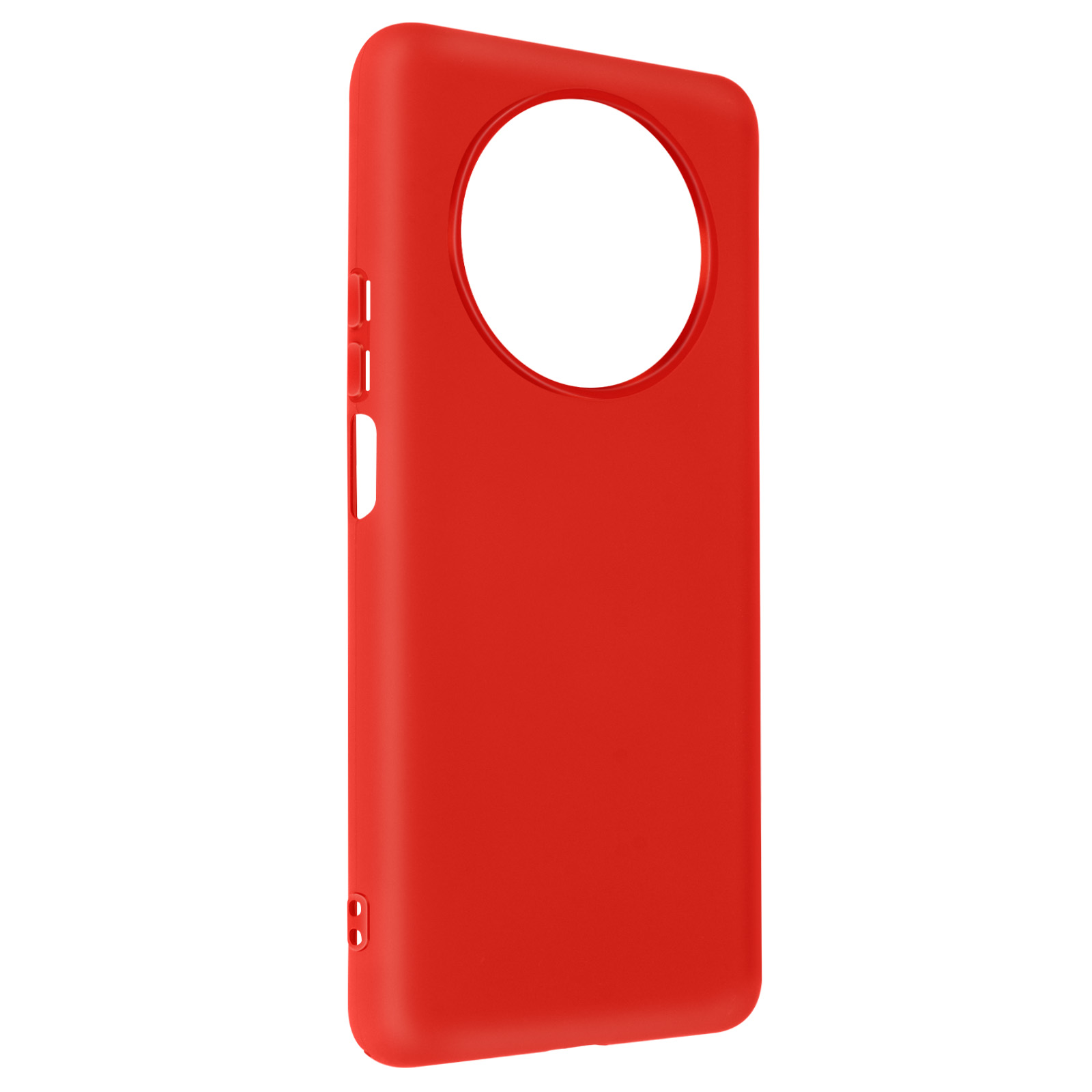 Une coque de téléphone rouge. La coque est conçue pour un téléphone avec un cercle de caméra et des boutons sur le côté.