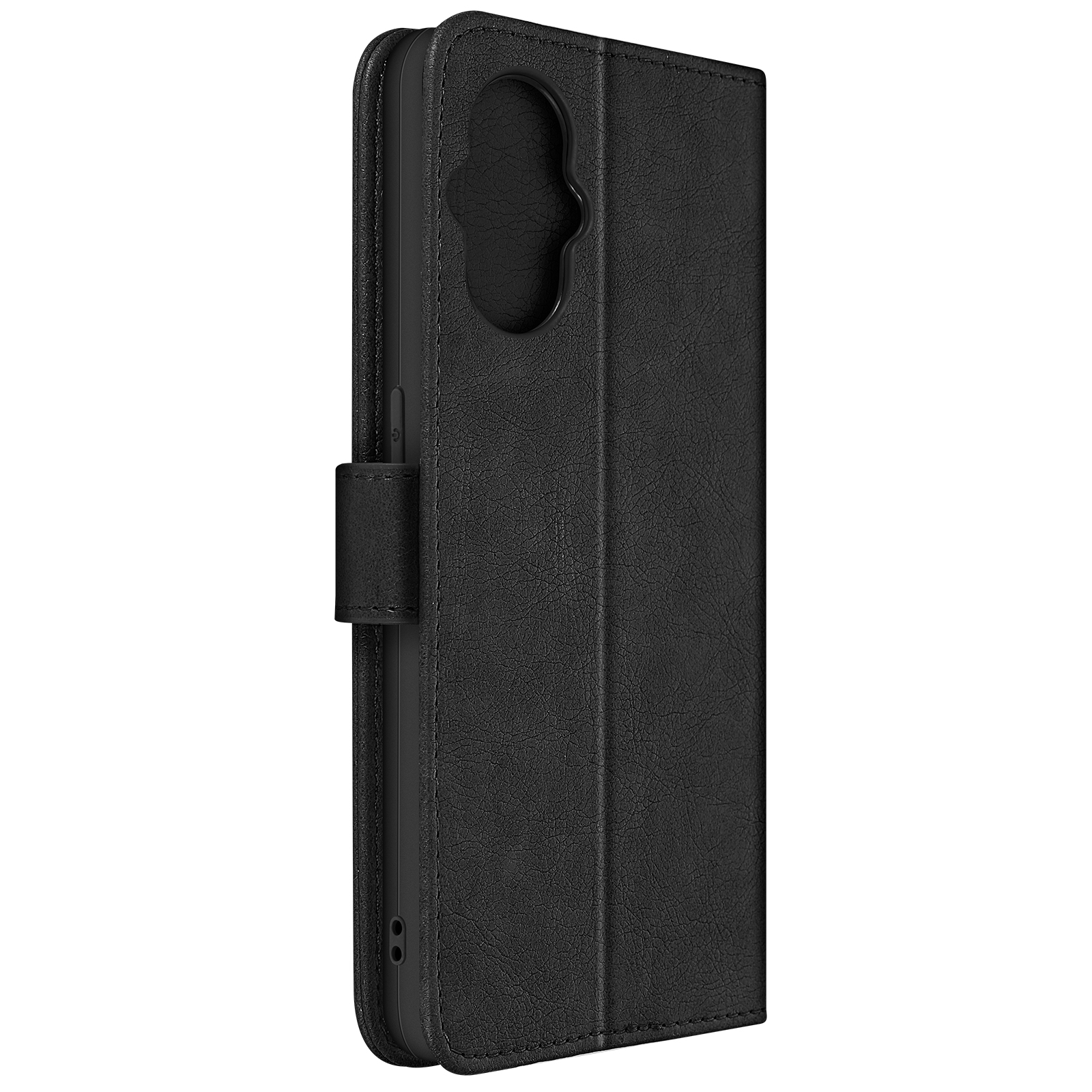 Custodia per telefono nera con chiusura magnetica su sfondo bianco.