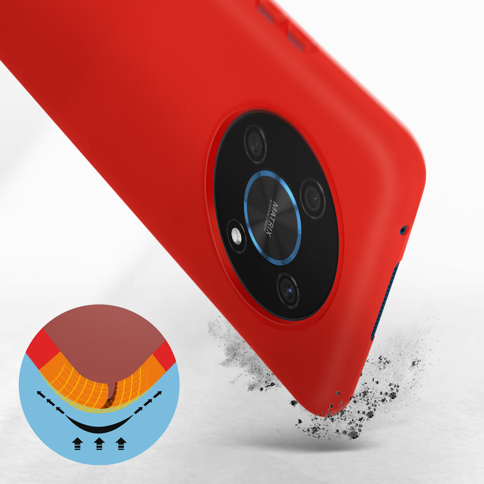 Coque de téléphone rouge avec configuration de caméra. Illustration de protection contre les chocs. Fond blanc.