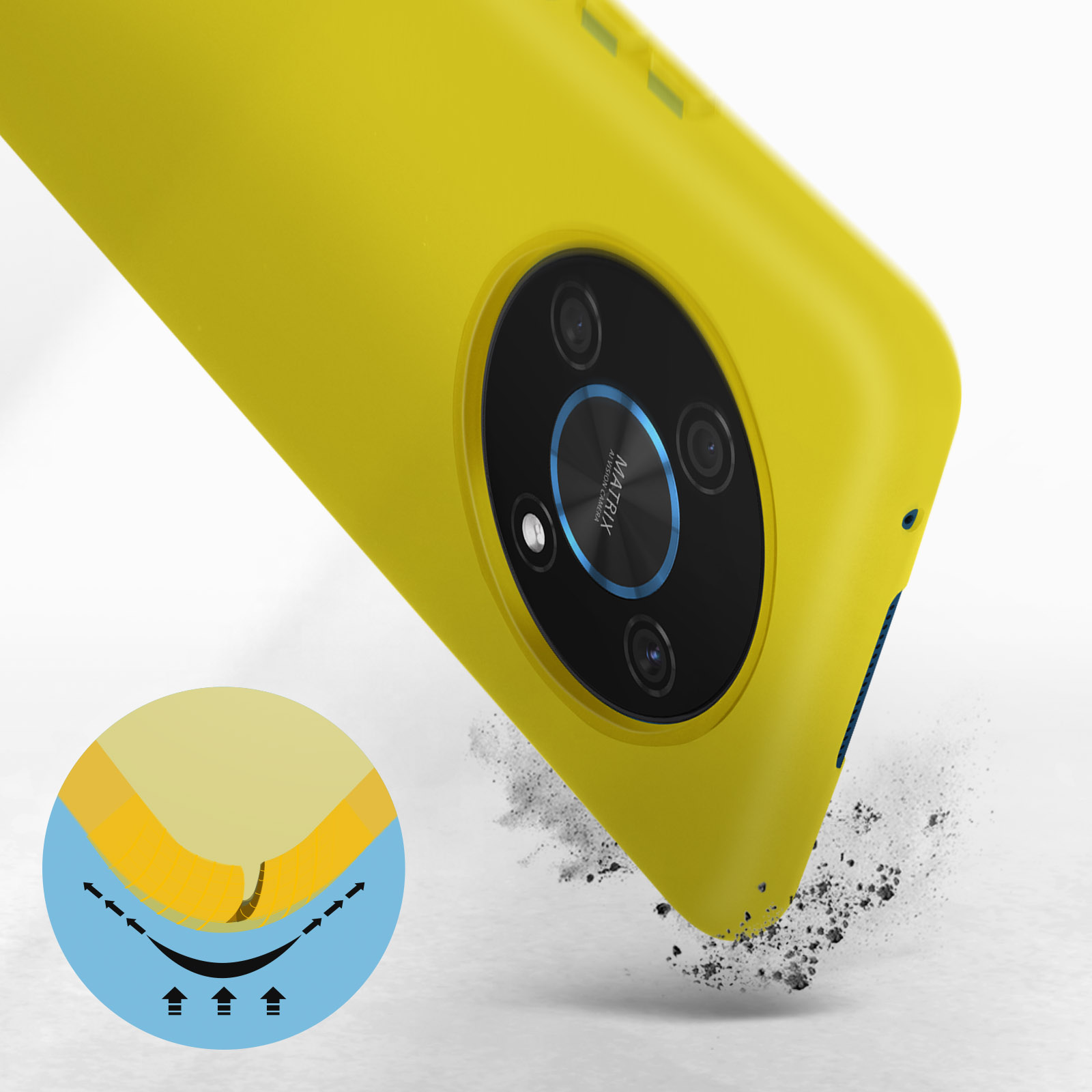 Een close-up van een gele telefoonhoes die de achterkant van de telefoon met camera en schermbeschermer laat zien.