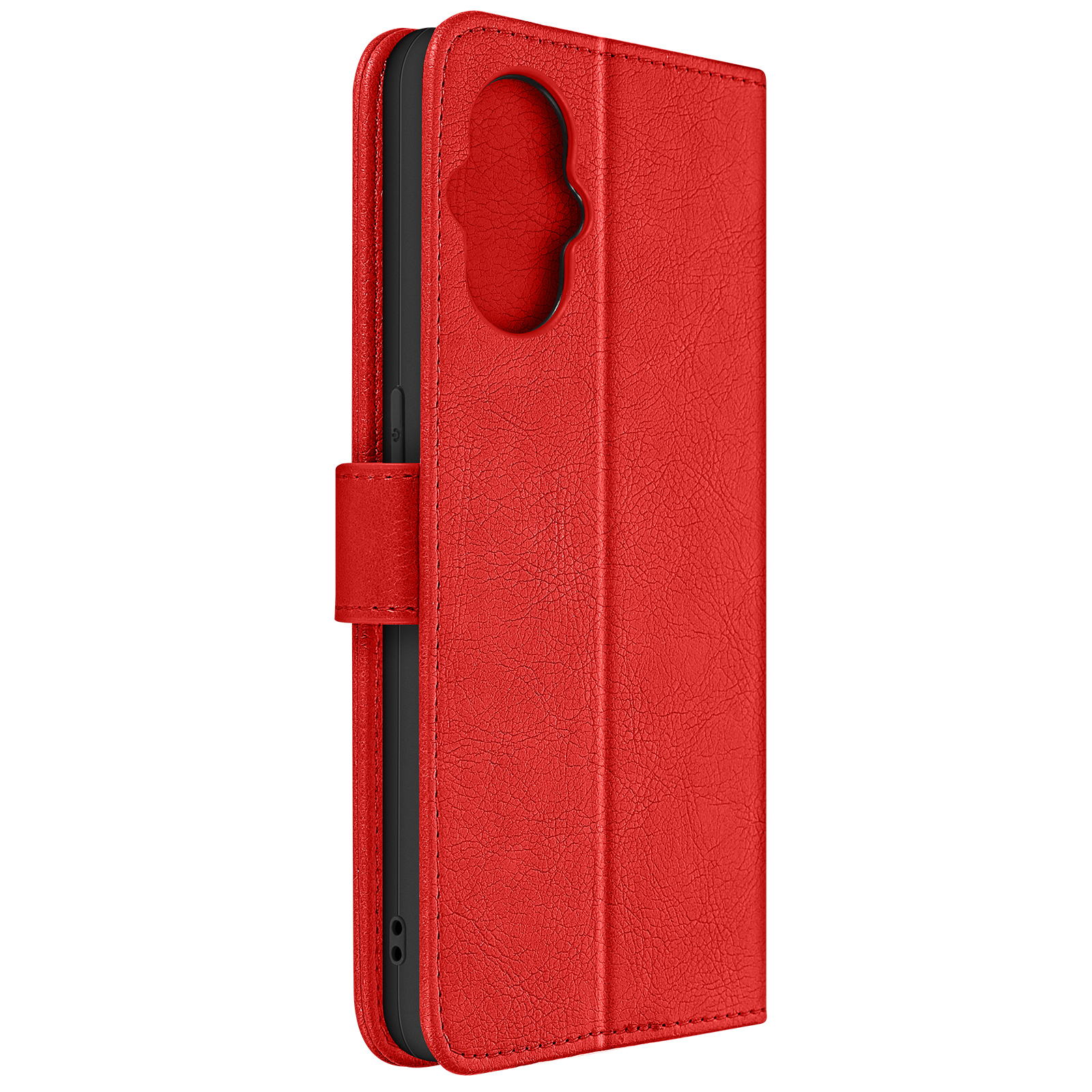 Custodia per telefono rossa con interno nero, chiusa, su sfondo bianco.