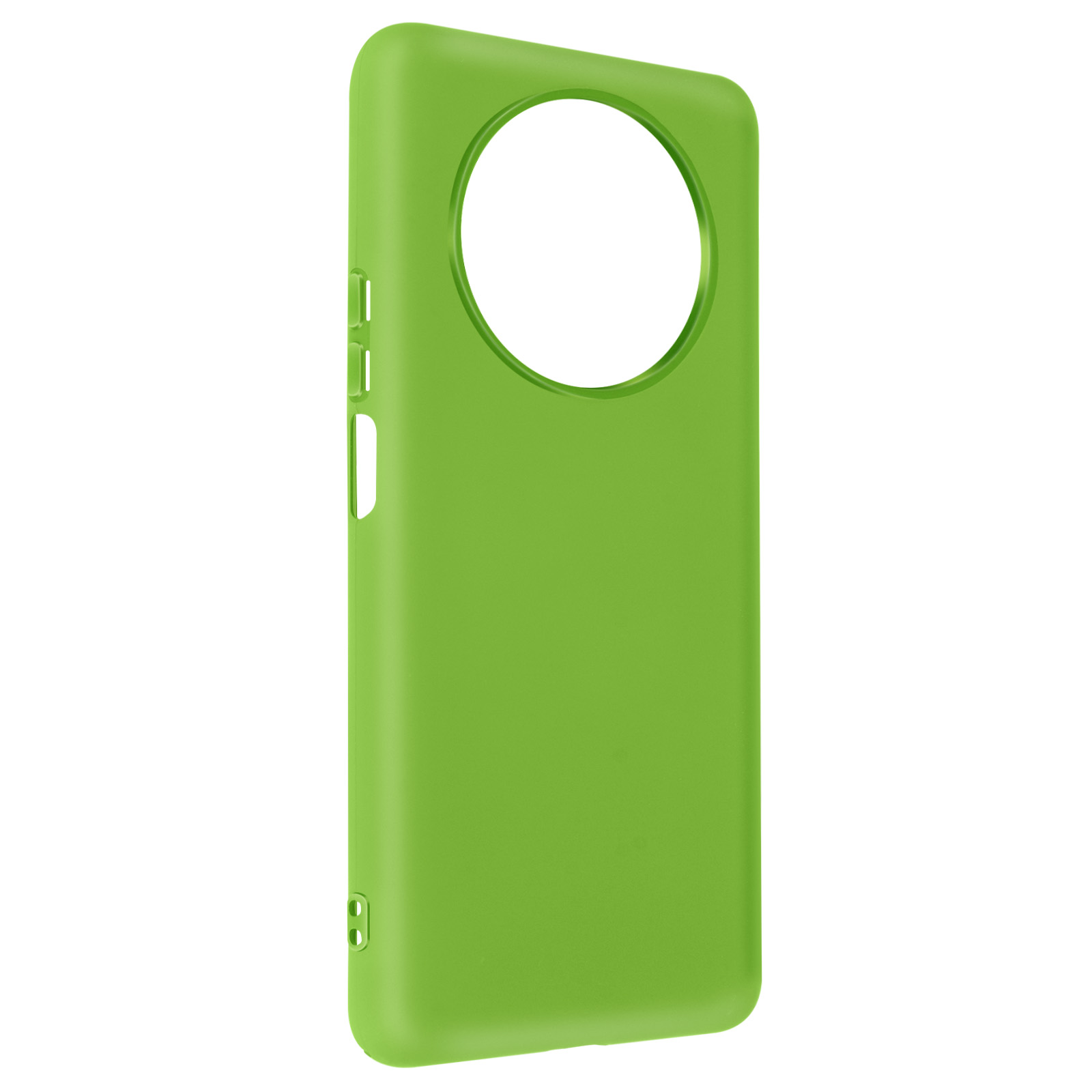 Una custodia per telefono verde lime con un ritaglio circolare per la fotocamera su sfondo bianco.
