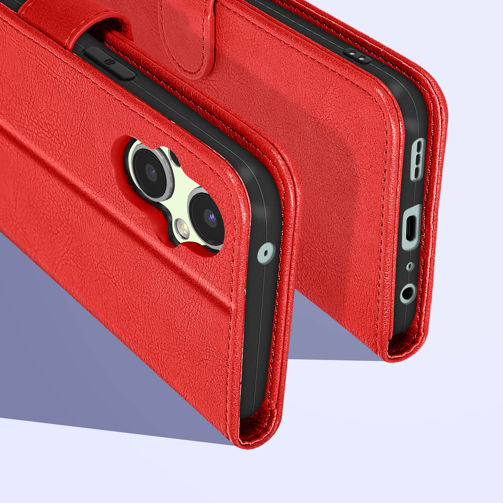Una custodia rossa per telefono con coperchio anteriore chiuso, che mostra la fotocamera del telefono. Le cuciture nere sono visibili.