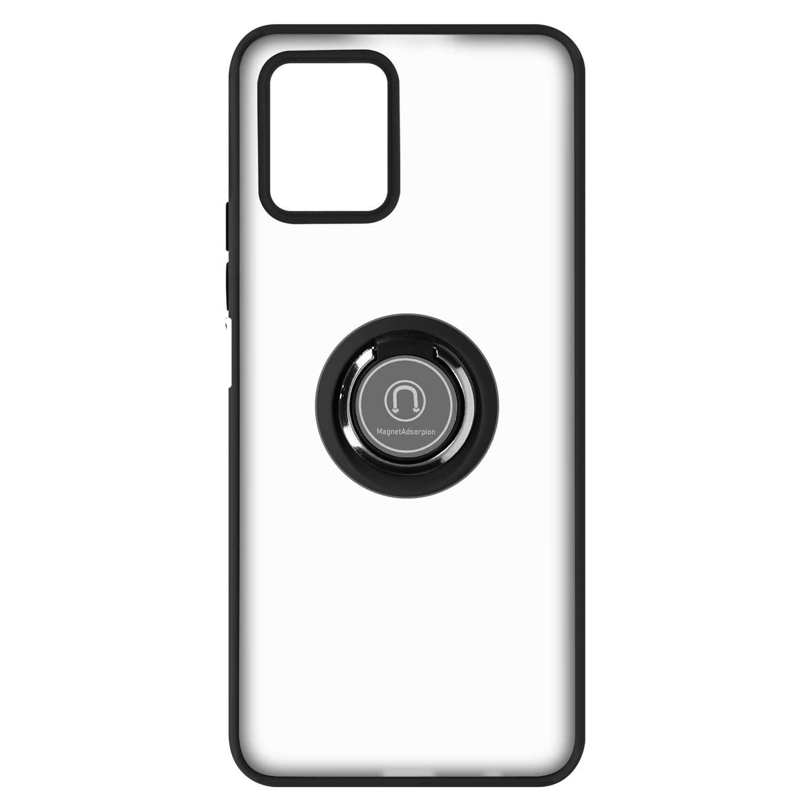 Custodia per smartphone con supporto ad anello. È una custodia trasparente con un anello nero. Sfondo bianco.