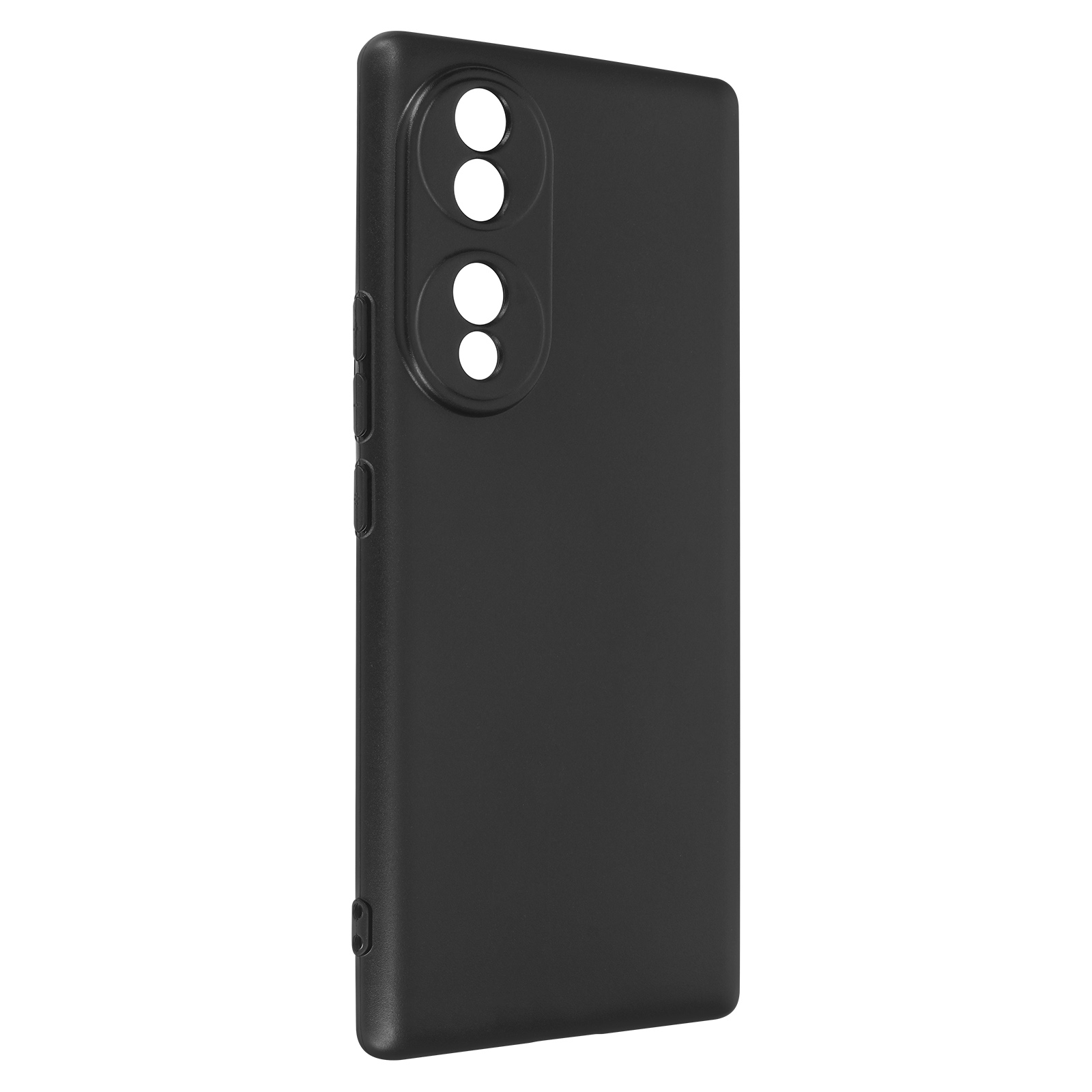Custodia per telefono nera. Si trova su sfondo bianco.