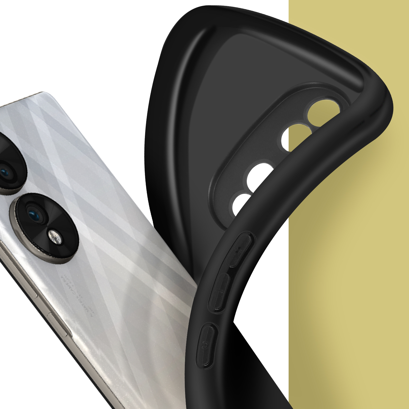 Custodia nera che copre parzialmente un telefono, mostrando fotocamera e pulsanti.
