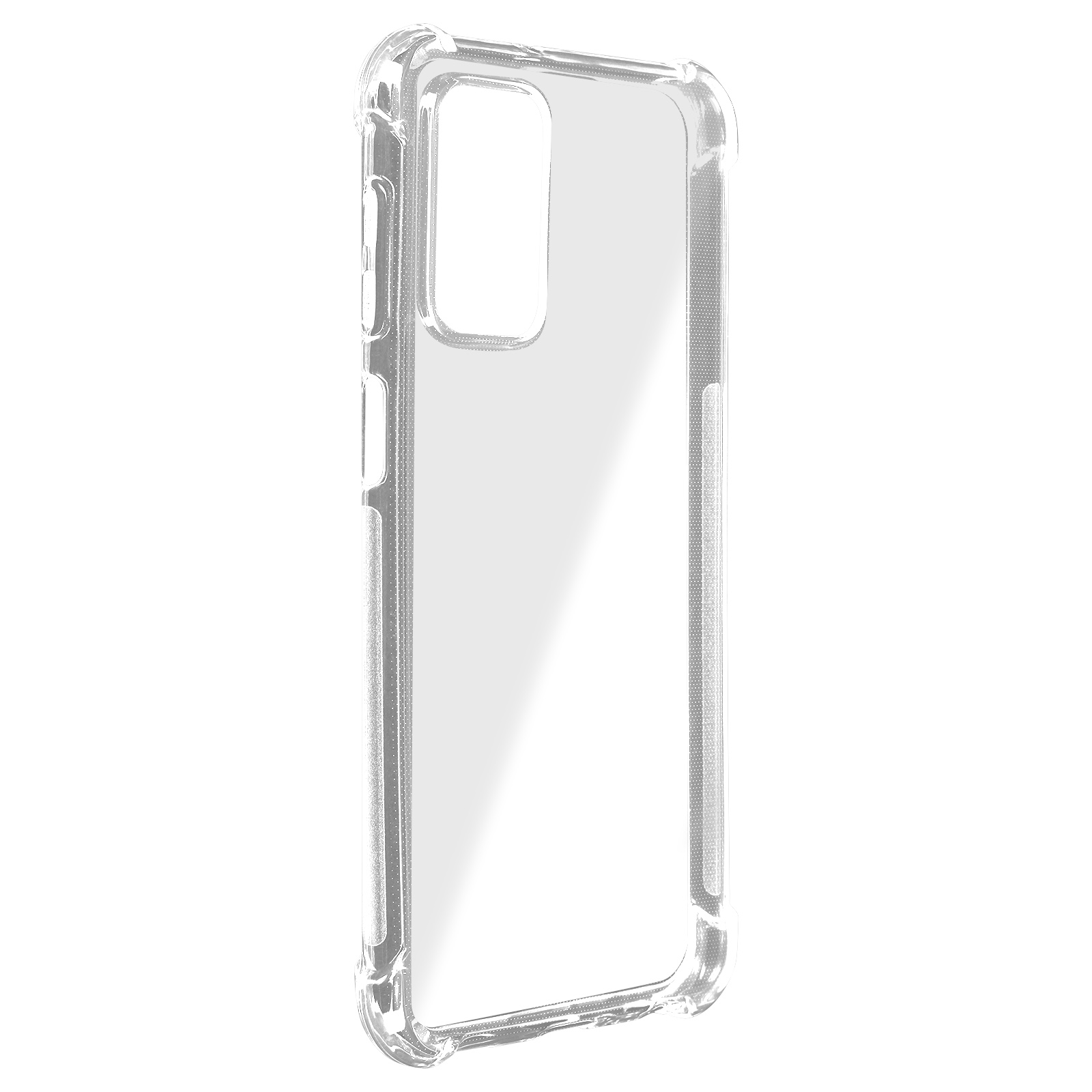 Custodia trasparente per telefono. È trasparente e ha aperture per la fotocamera.