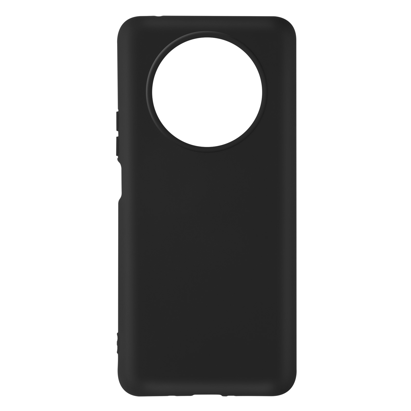 Zwarte telefoonhoes met een cirkelvormige uitsparing voor de camera. Minimalistisch ontwerp. Witte achtergrond.