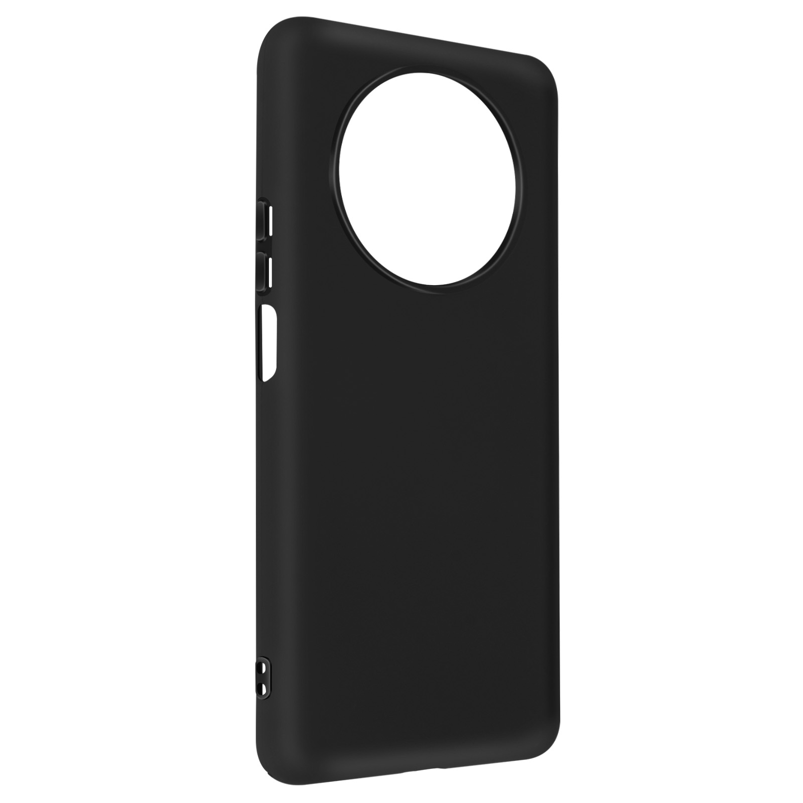 Zwarte telefoonhoes met een grote uitsparing voor de camera. De hoes is solide, met zijknoppen.