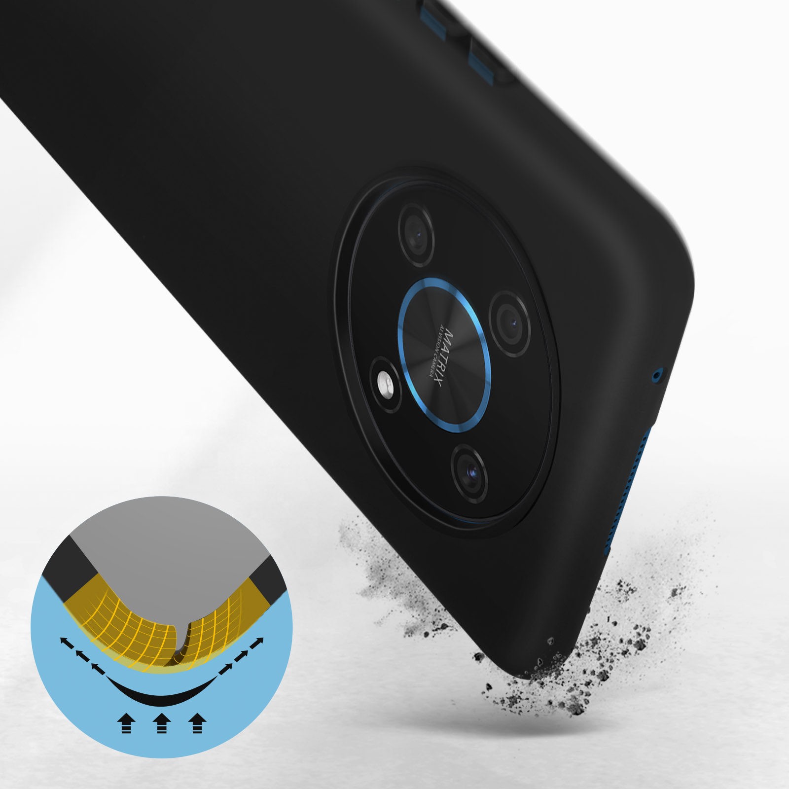 Zwarte telefoonhoes met camera-uitsparingen, met een illustratie van valbescherming.