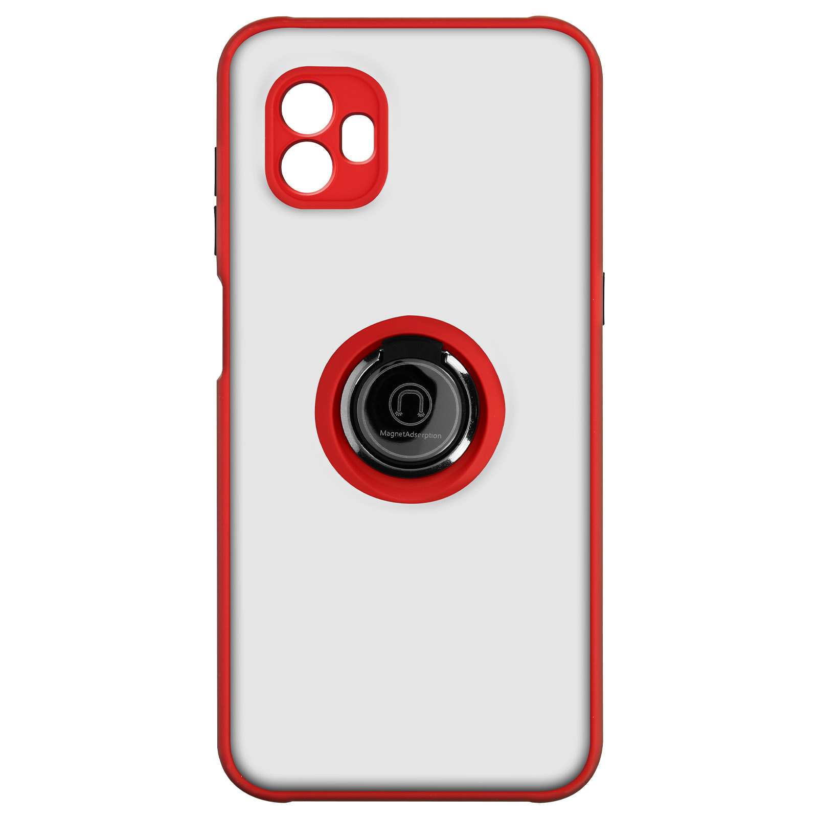Witte telefoonhoes met een rode rand en een ringhouder. De houder is zwart en rood.