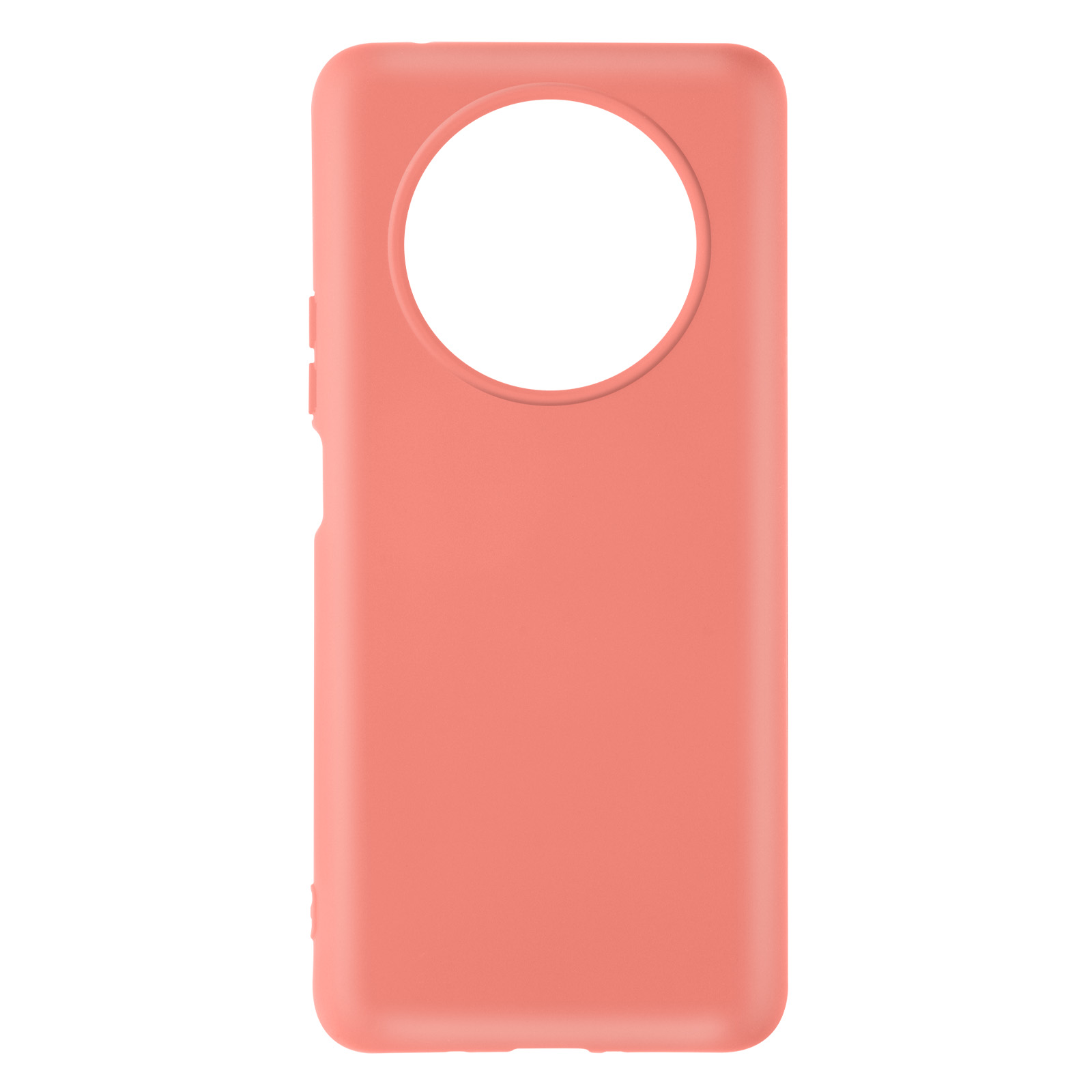 Custodia per telefono color corallo. Sul retro è visibile un ritaglio circolare per la fotocamera.