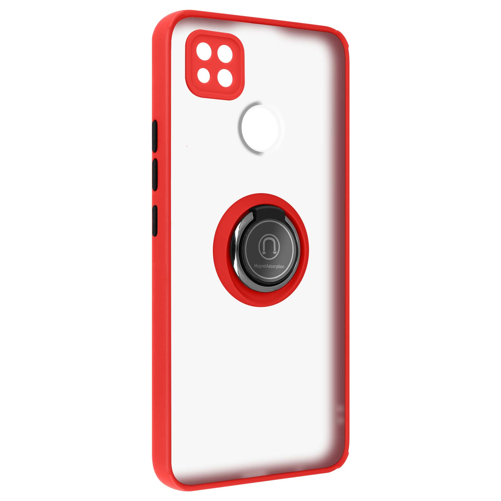 Custodia per telefono rossa con retro trasparente e anello, su sfondo bianco.