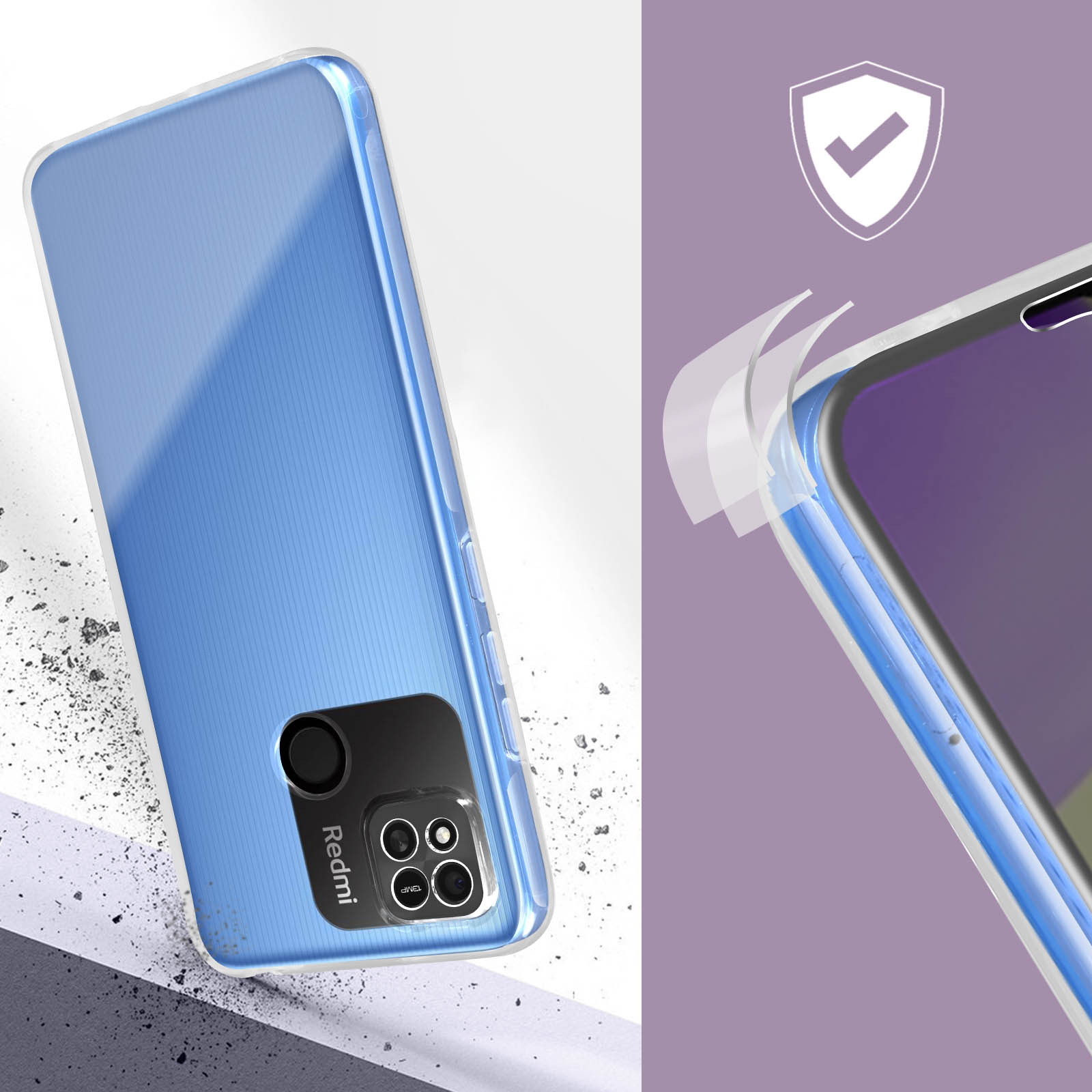 Una custodia blu per telefono con modulo fotocamera nero, simbolo di protezione e sfondo sfocato.