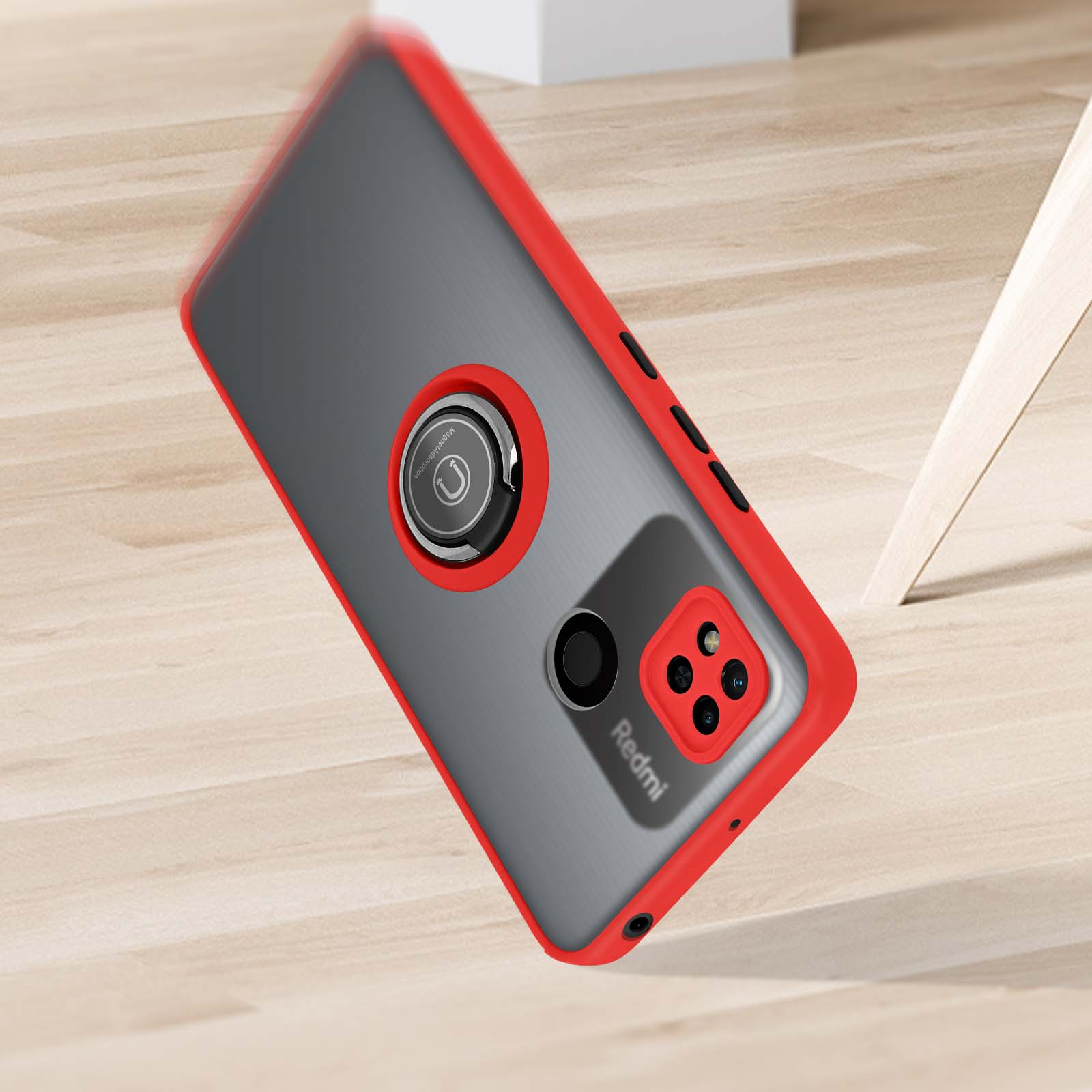 Custodia per telefono rossa e grigia su superficie in legno, con logo Redmi.