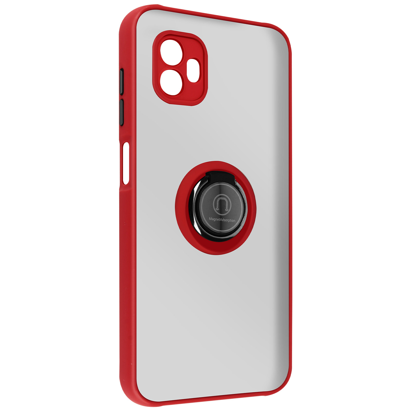 Rode en witte telefoonhoes met ringhouder. De ring is zilverkleurig, de hoes heeft een strak design.
