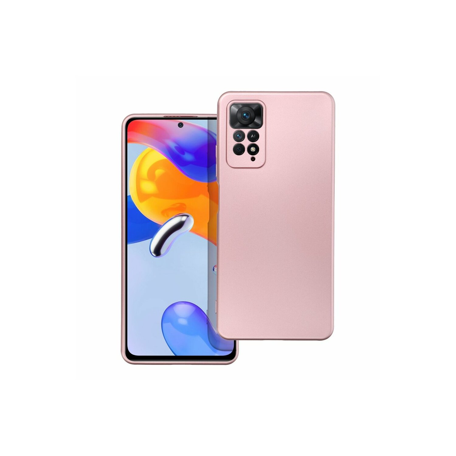 Custodia rosa con telefono all'interno. Il telefono ha un modulo fotocamera nero.