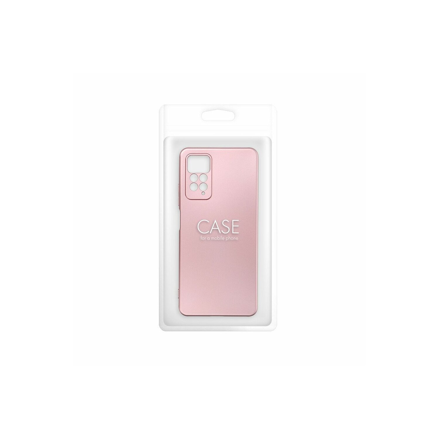 Custodia per telefono rosa in una confezione di plastica trasparente, che mostra un ritaglio per fotocamera sul retro.