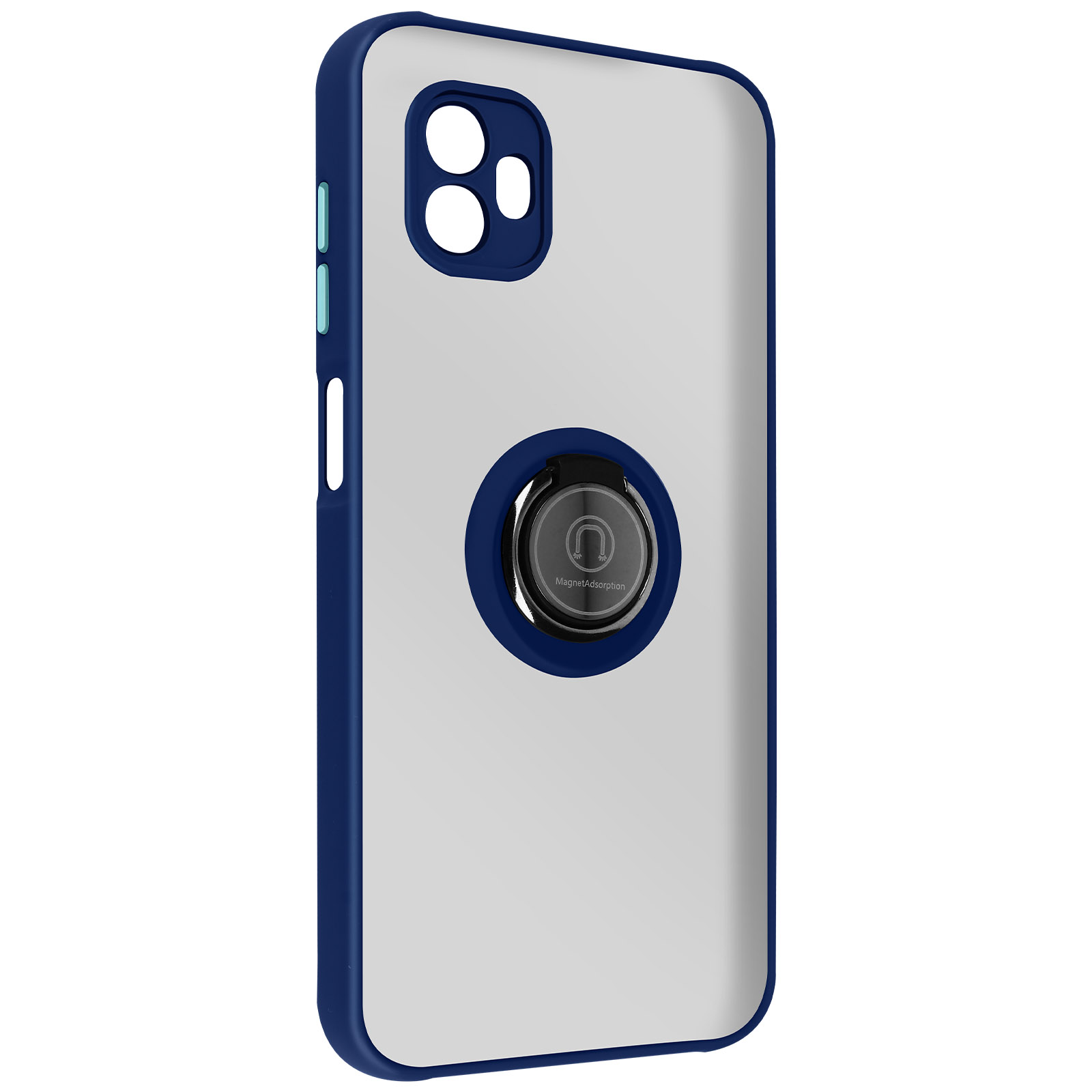 Custodia per telefono bianca e blu con supporto ad anello nero. L'anello ha un logo.