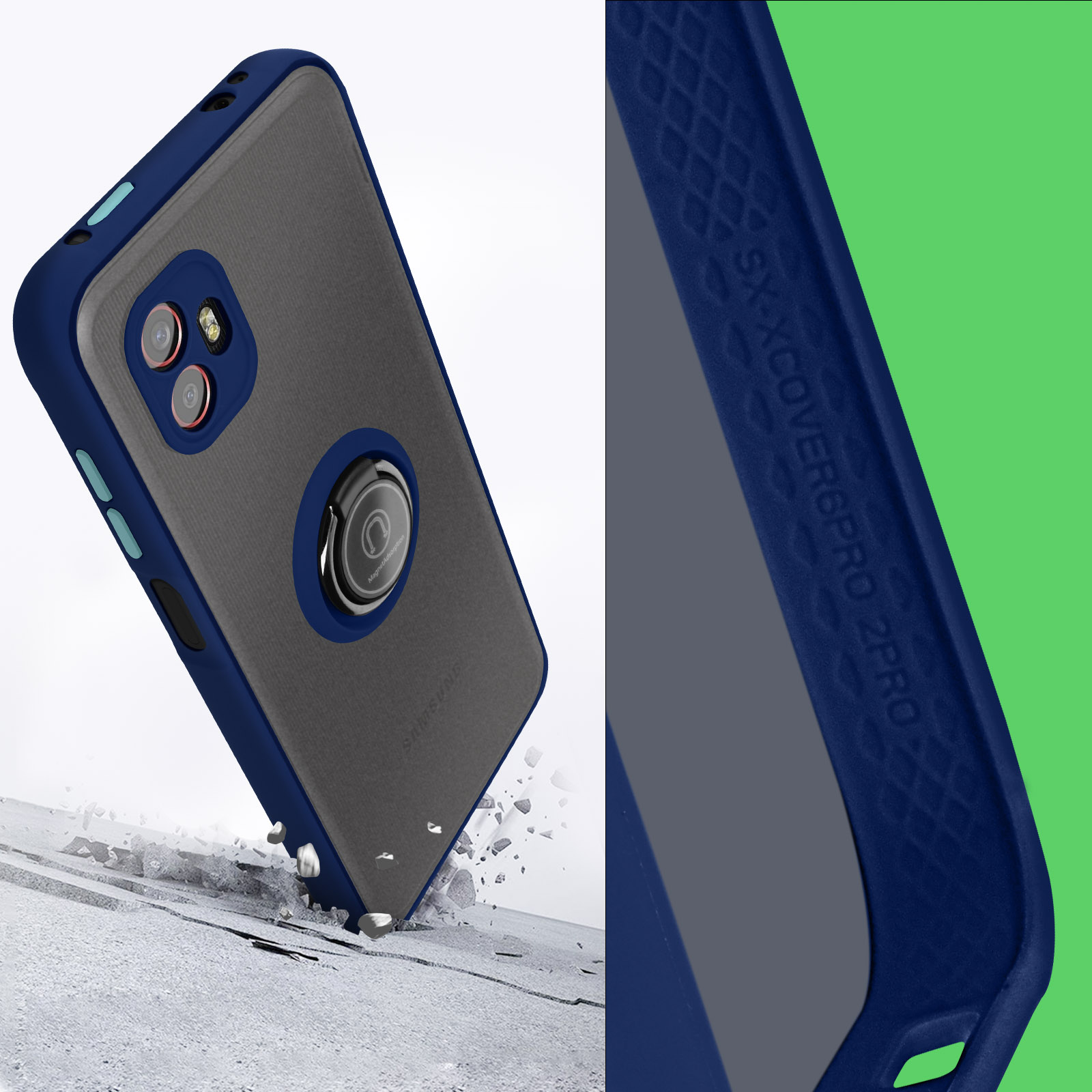 Custodia per telefono su una superficie. Colori grigio e blu, anello metallico e primo piano del bordo.