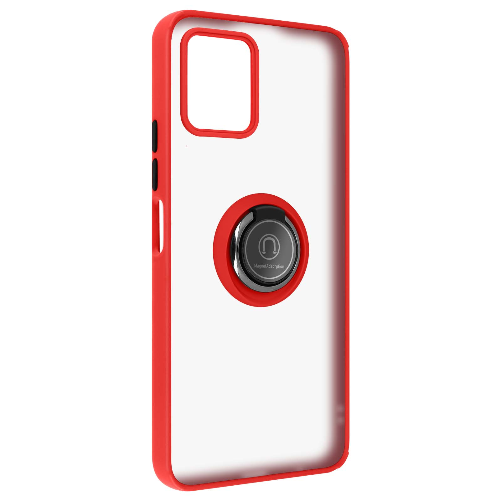 Custodia per telefono con cornice rossa e retro trasparente e un supporto ad anello circolare, isolato sul bianco.