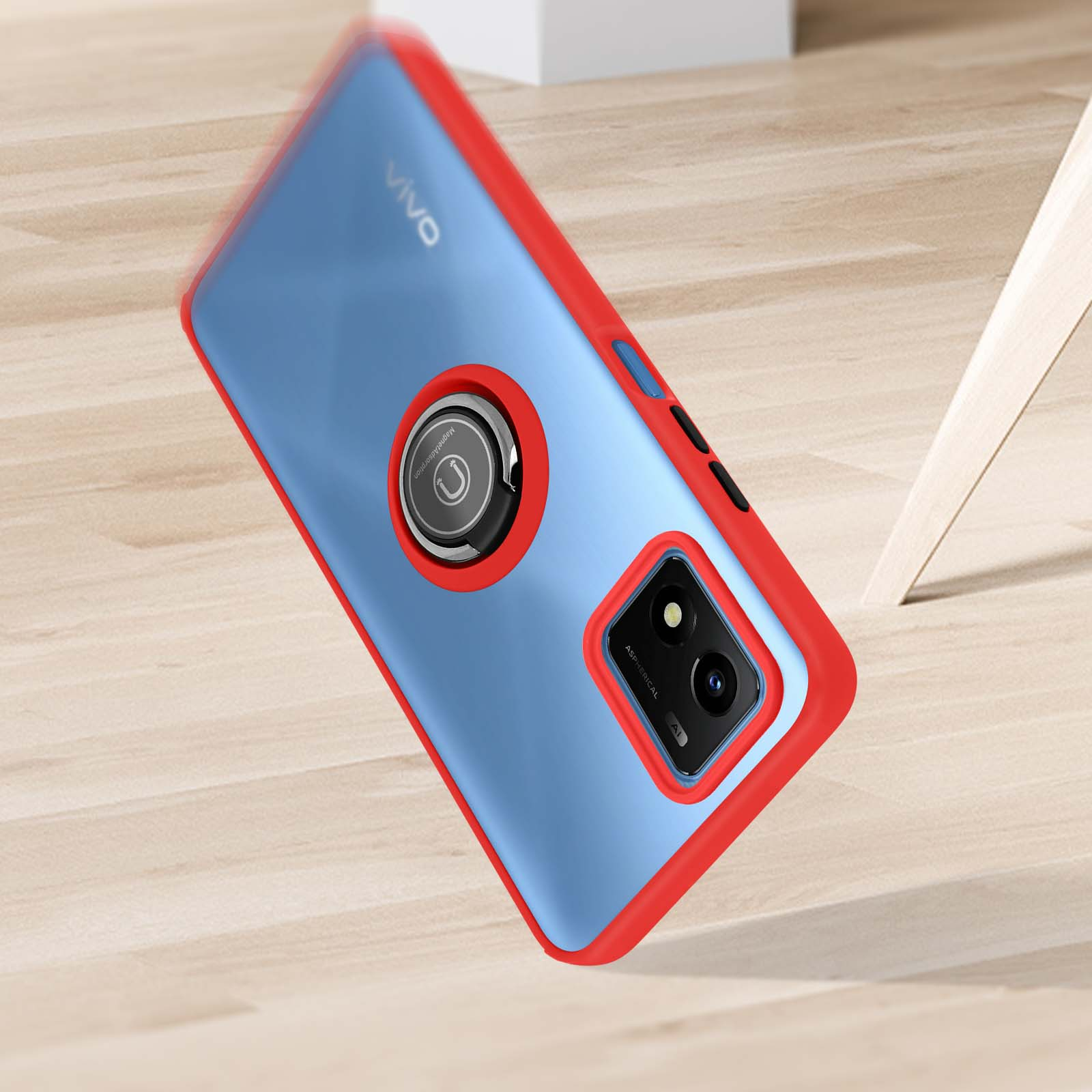 Custodia trasparente con bordi rossi con un telefono blu all'interno. Il telefono è su una superficie di legno.
