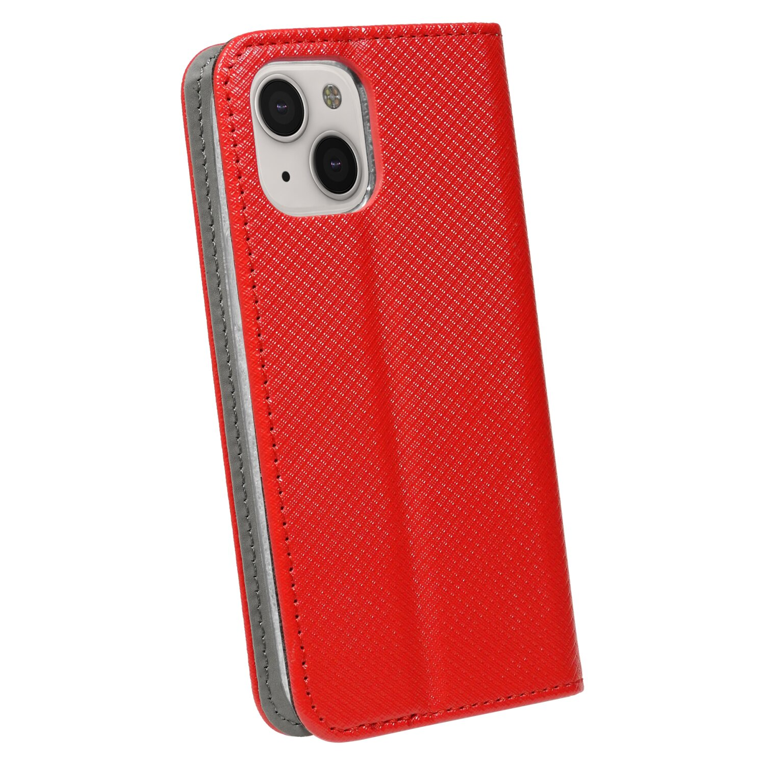 Custodia rossa per telefono con iPhone. La custodia è chiusa, mostrando il retro del telefono.
