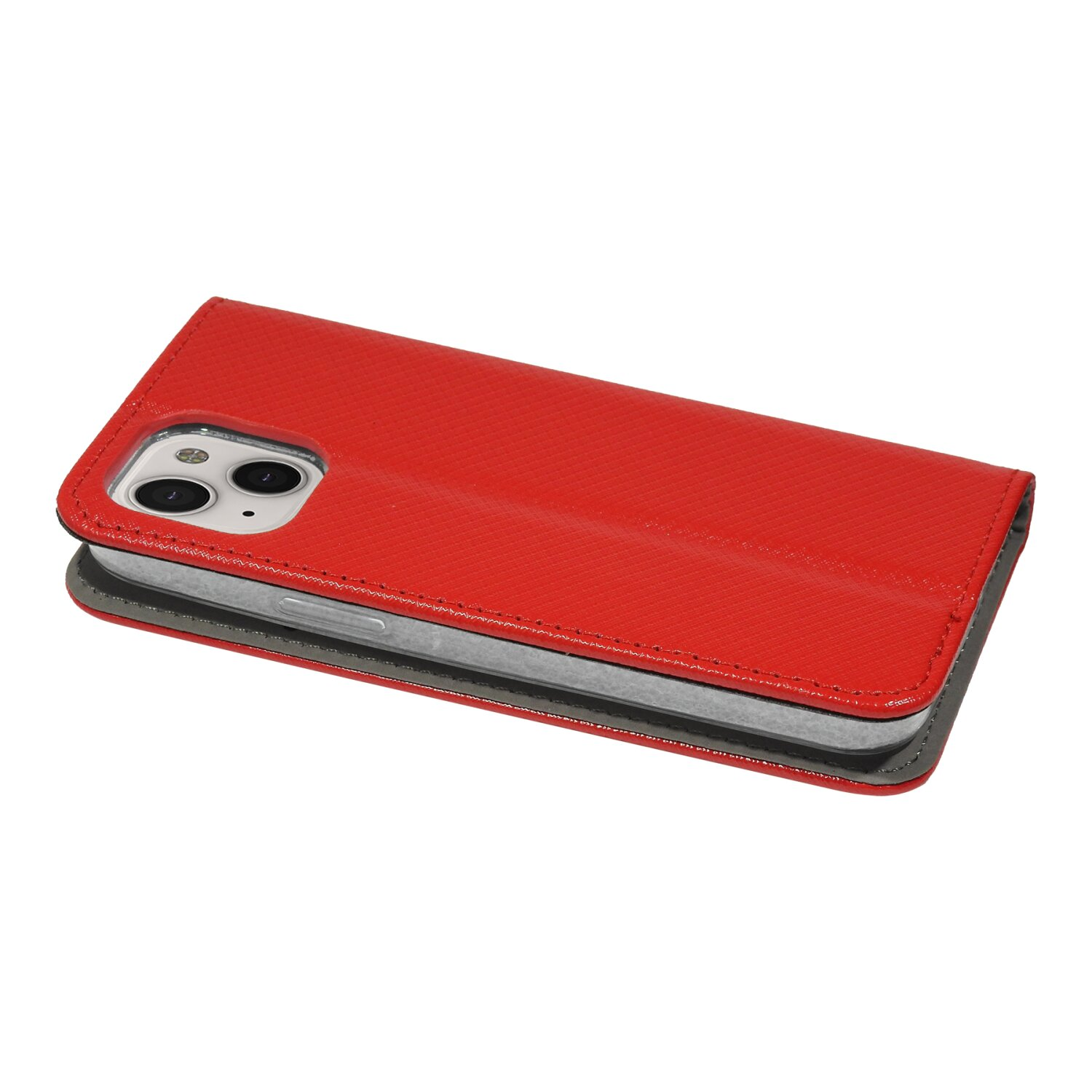 Custodia rossa per telefono, aperta. Ha un esterno strutturato. Il telefono è visibile all'interno, con fotocamere.