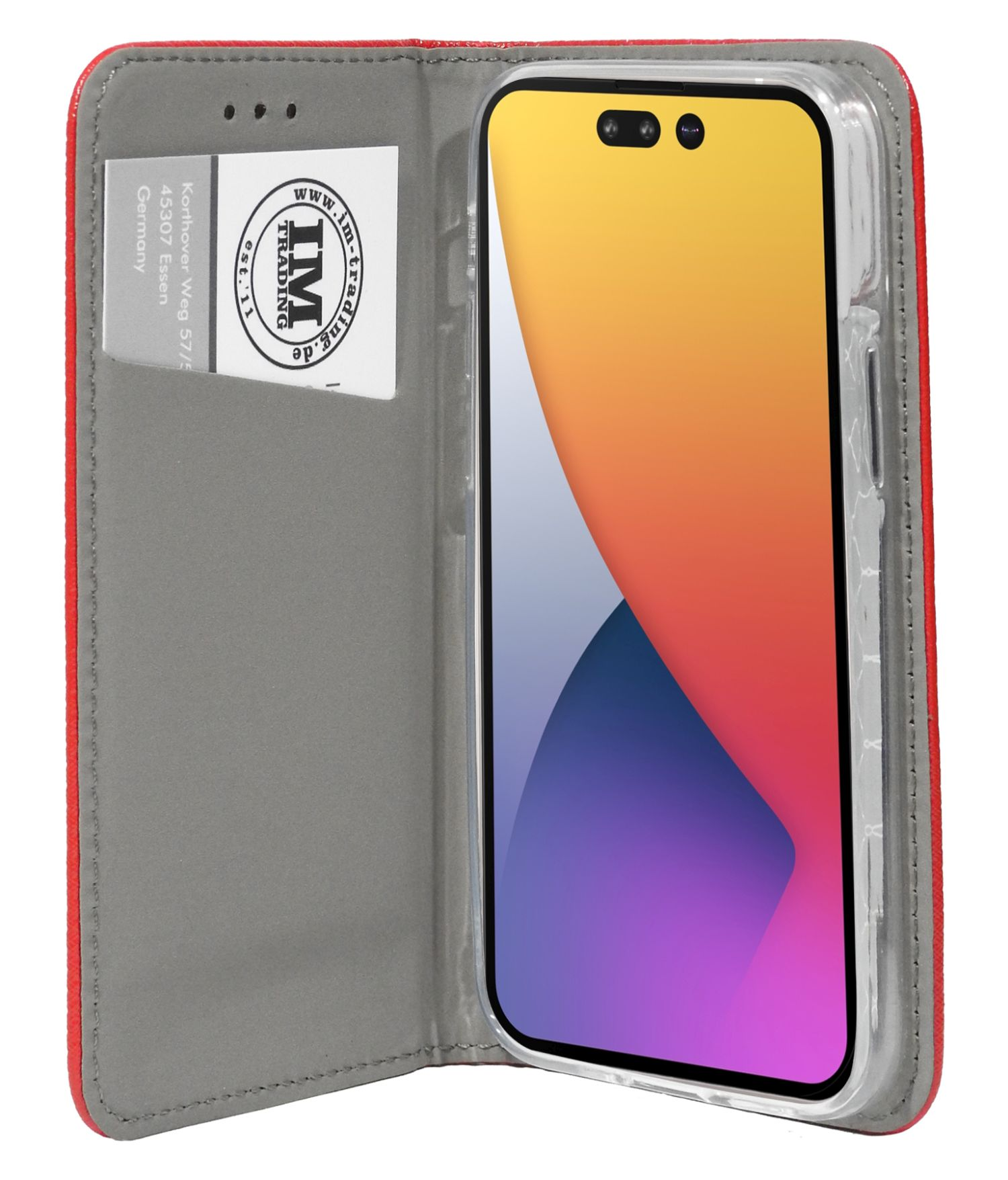 Custodia per telefono rossa con telefono all'interno. Include uno slot per schede e uno schermo colorato.