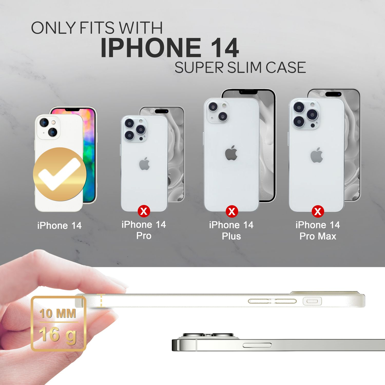 Varios modelos de iPhone con una funda súper delgada, mostrando detalles de tamaño y compatibilidad.