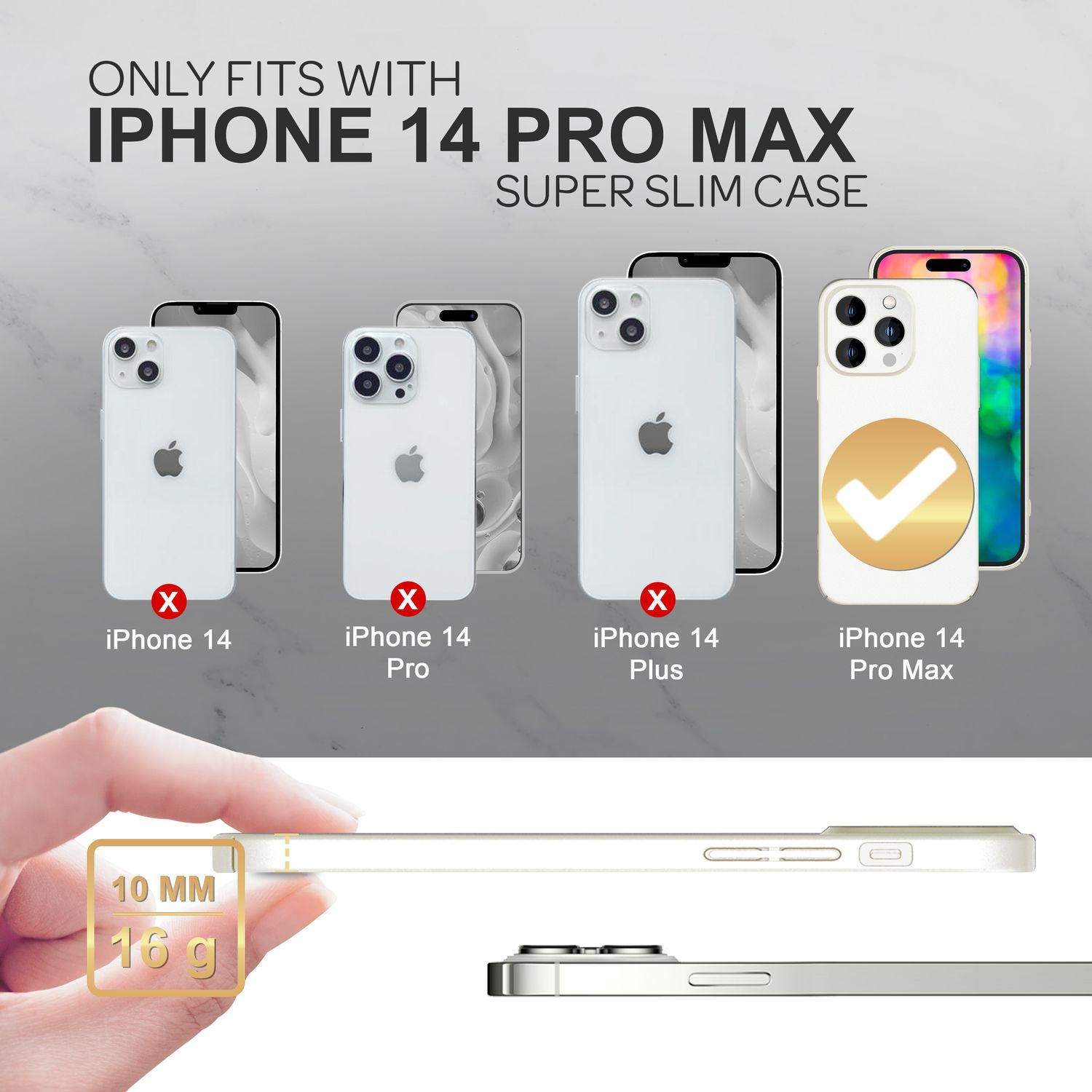 Un iPhone 14 Pro Max y su funda, con comparación de otros modelos de iPhone.