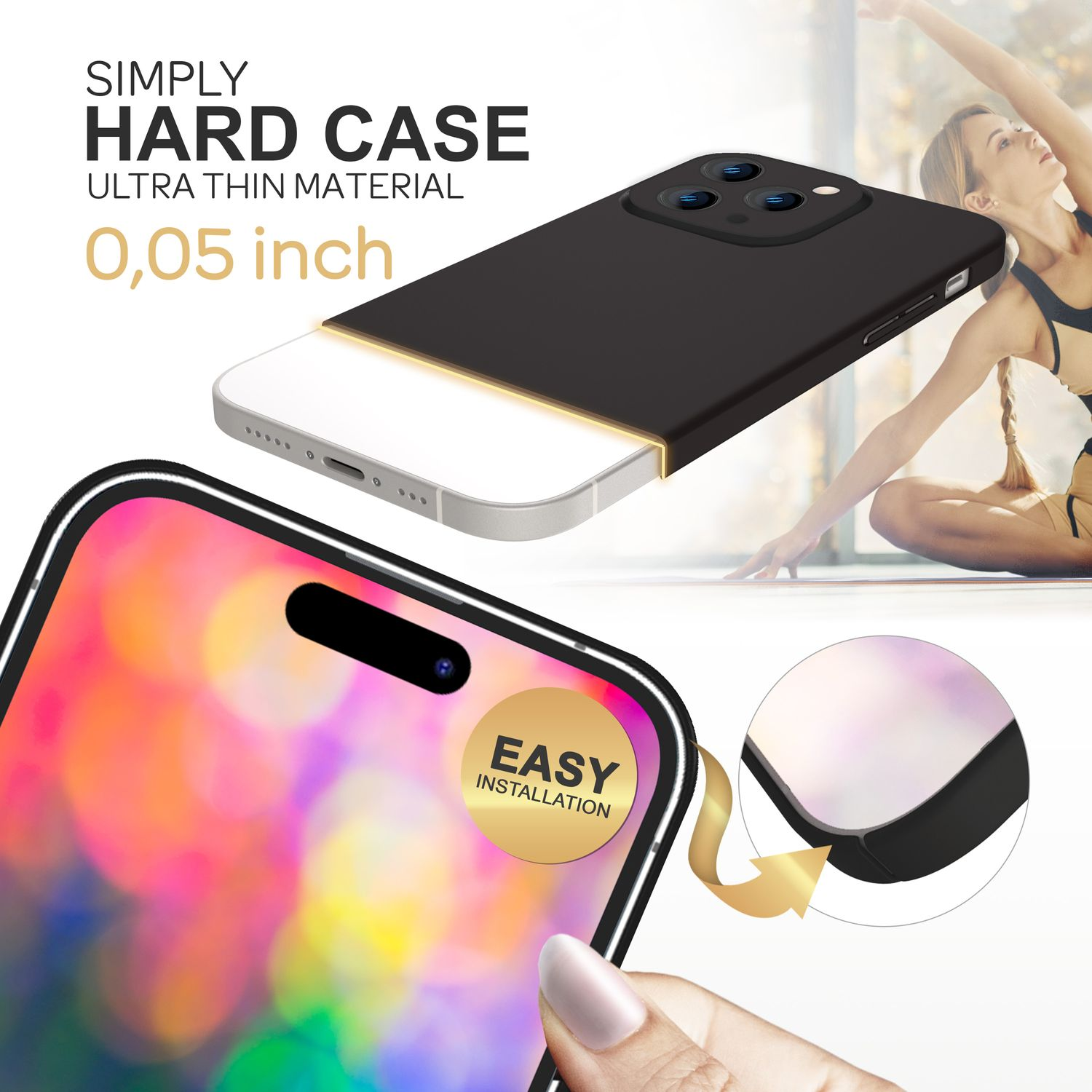 Teléfono con una funda rígida y una persona mostrando el teléfono. Texto: 'Simply Hard Case'.