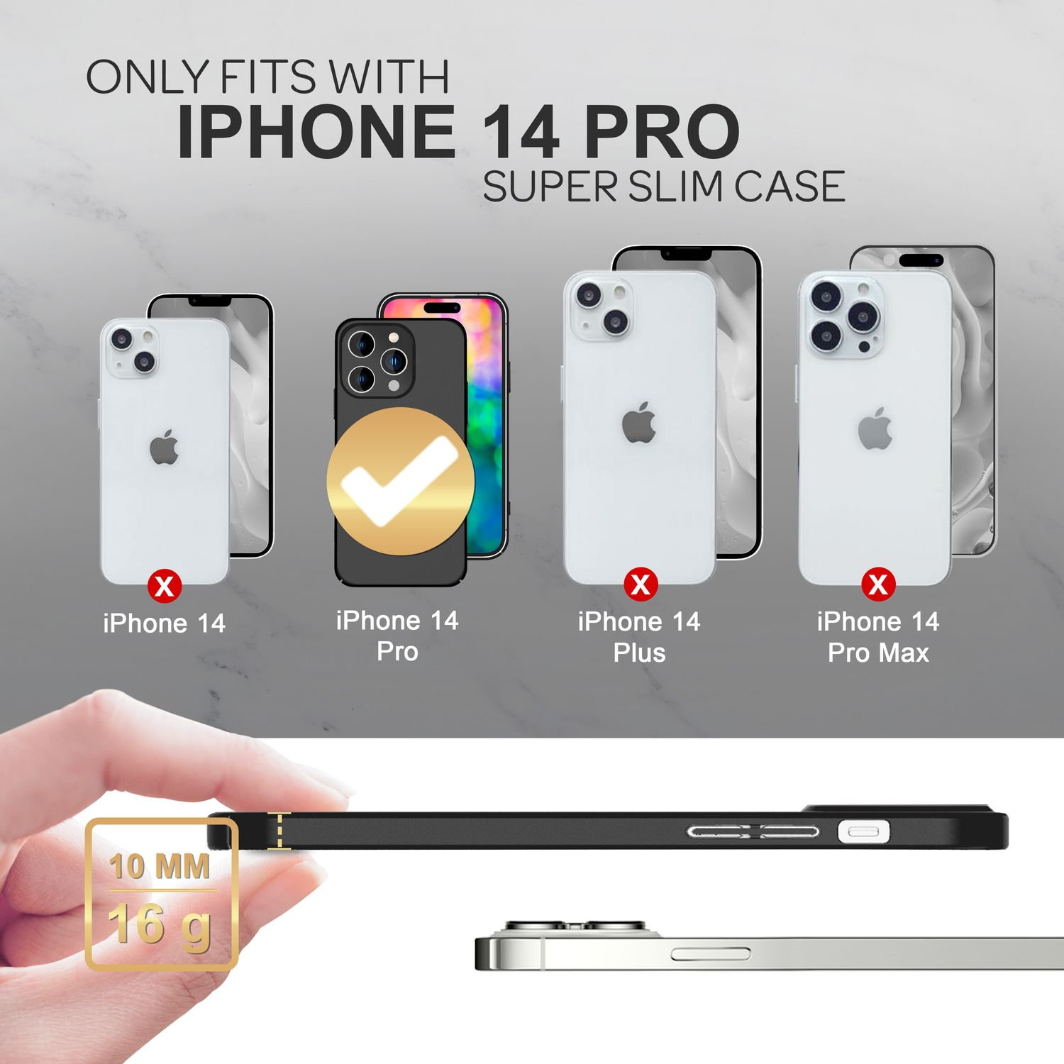 Imagen que muestra modelos de teléfonos, con una funda y el texto 'iPhone 14 Pro Super Slim Case'.