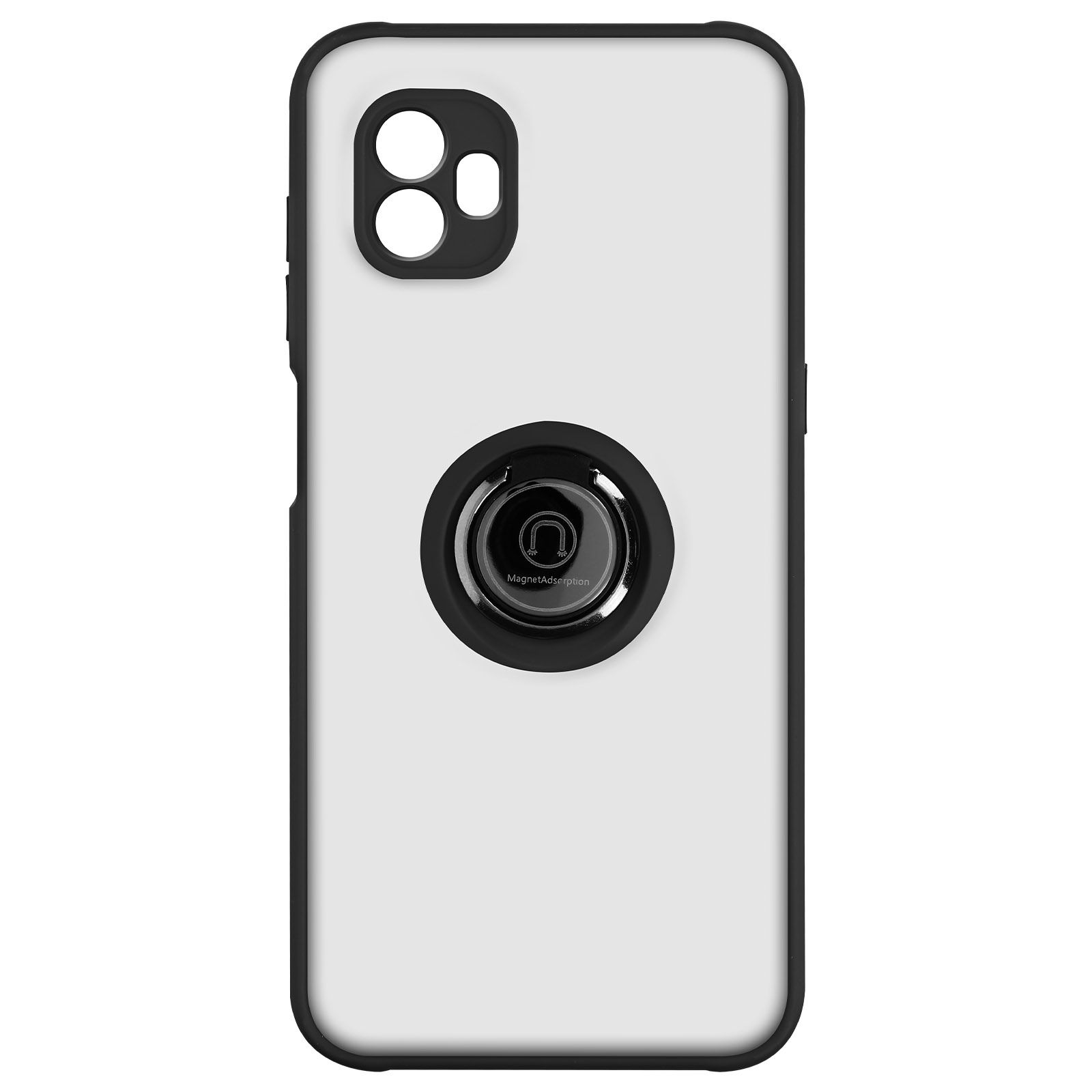 Witte telefoonhoes met een zwarte ringbevestiging aan de achterkant. De ring is gemarkeerd met het MagnetAdsorption-logo.