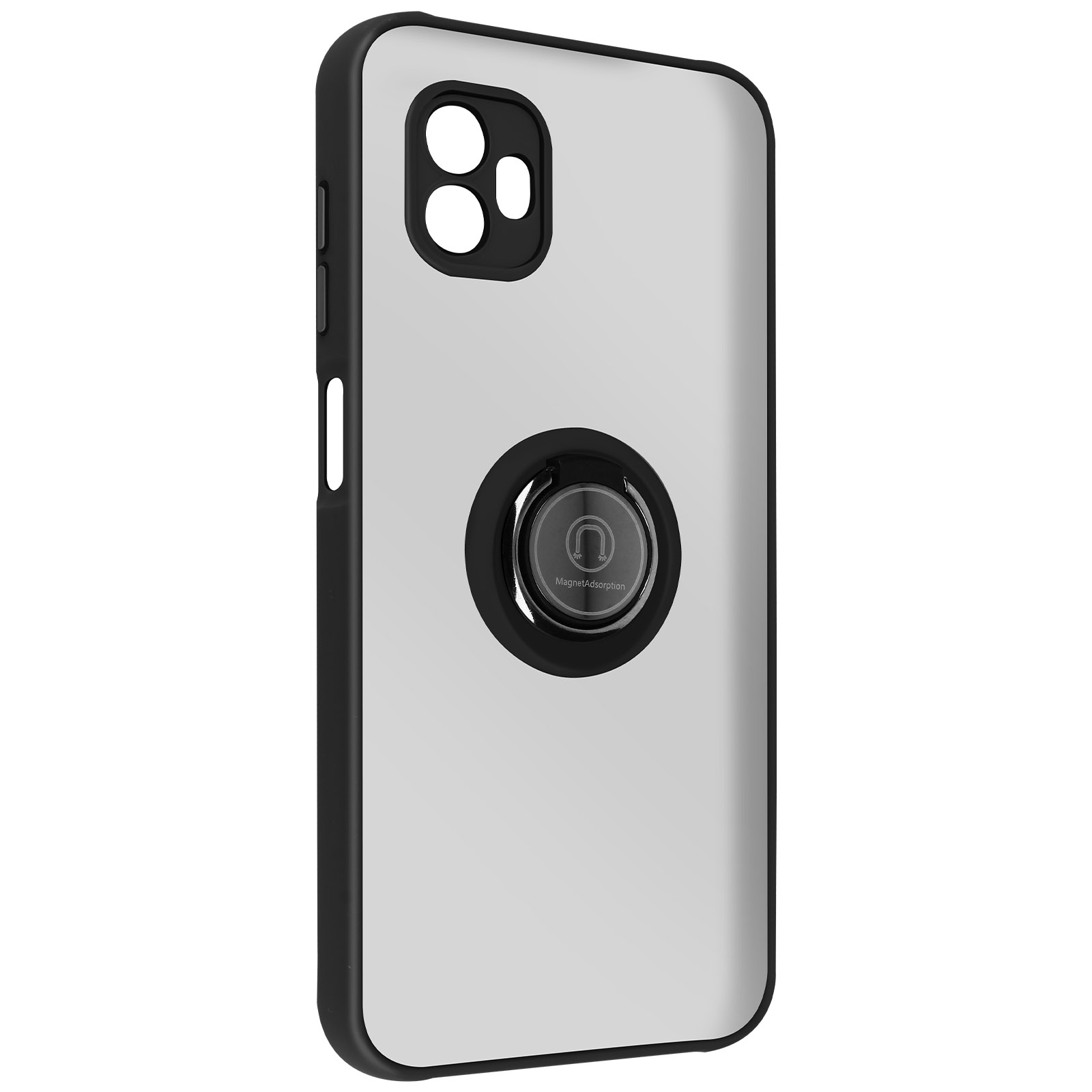 Een telefoonhoesje met een ringhouder op de achterkant. Het is wit met een zwarte rand.