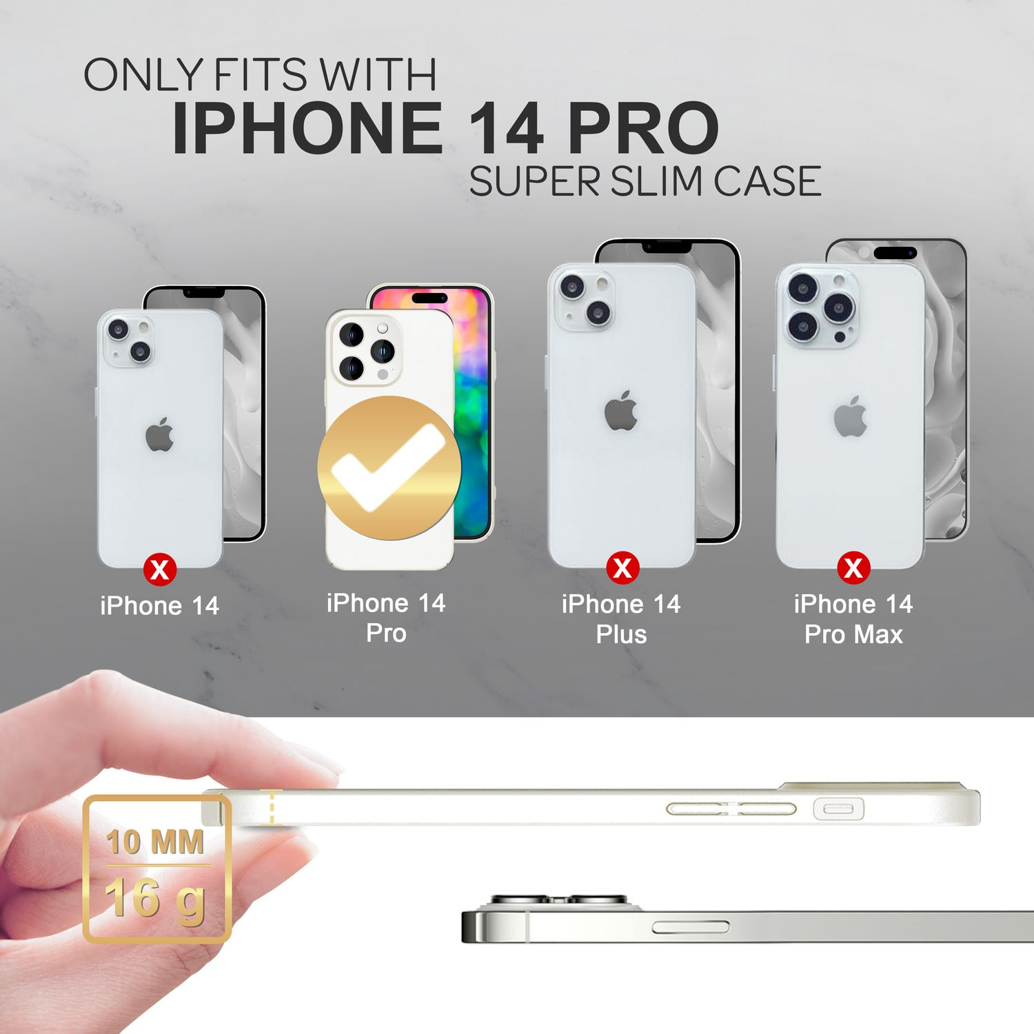 Imagen muestra varios teléfonos y el texto: 'Solo compatible con iPhone 14 Pro Super Slim Case'.