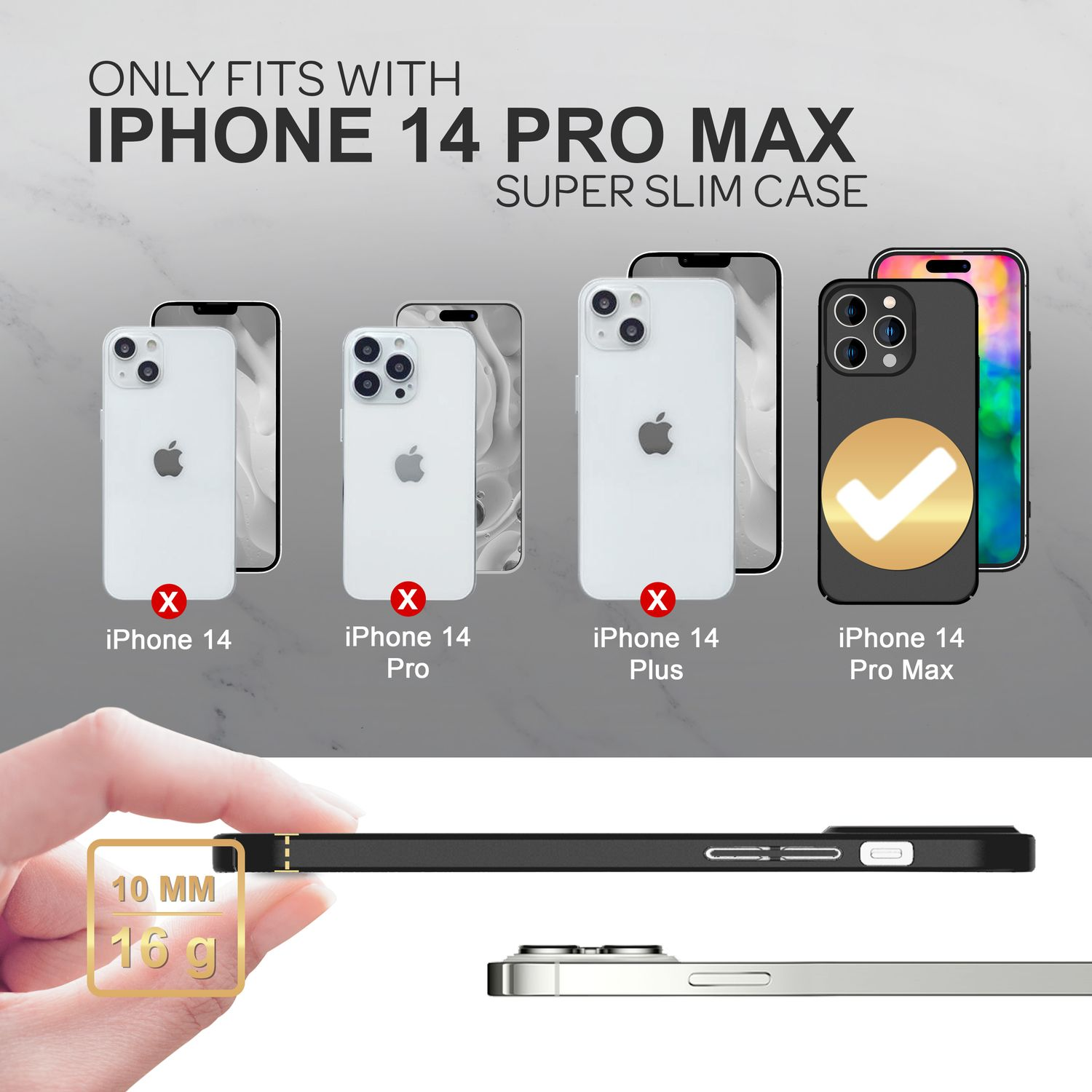 Diagrama que compara los modelos de iPhone 14 con una funda, resaltando la compatibilidad Pro Max.