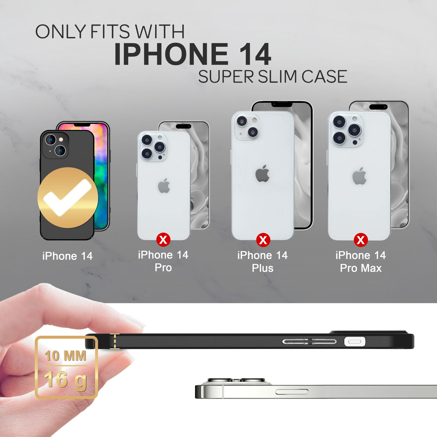 Imagen muestra iPhone 14 con marca de verificación, otros modelos con X. Mano sostiene funda con detalles de peso.