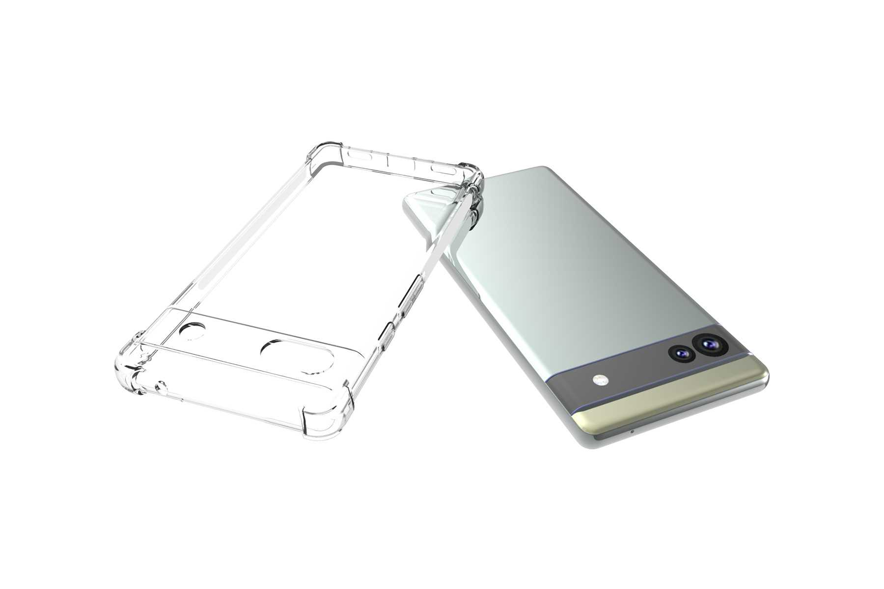 Handyhülle mit transparentem Rahmen und Telefon. Das Telefon ist hellgrün mit Kameraerhöhung. Weißer Hintergrund.