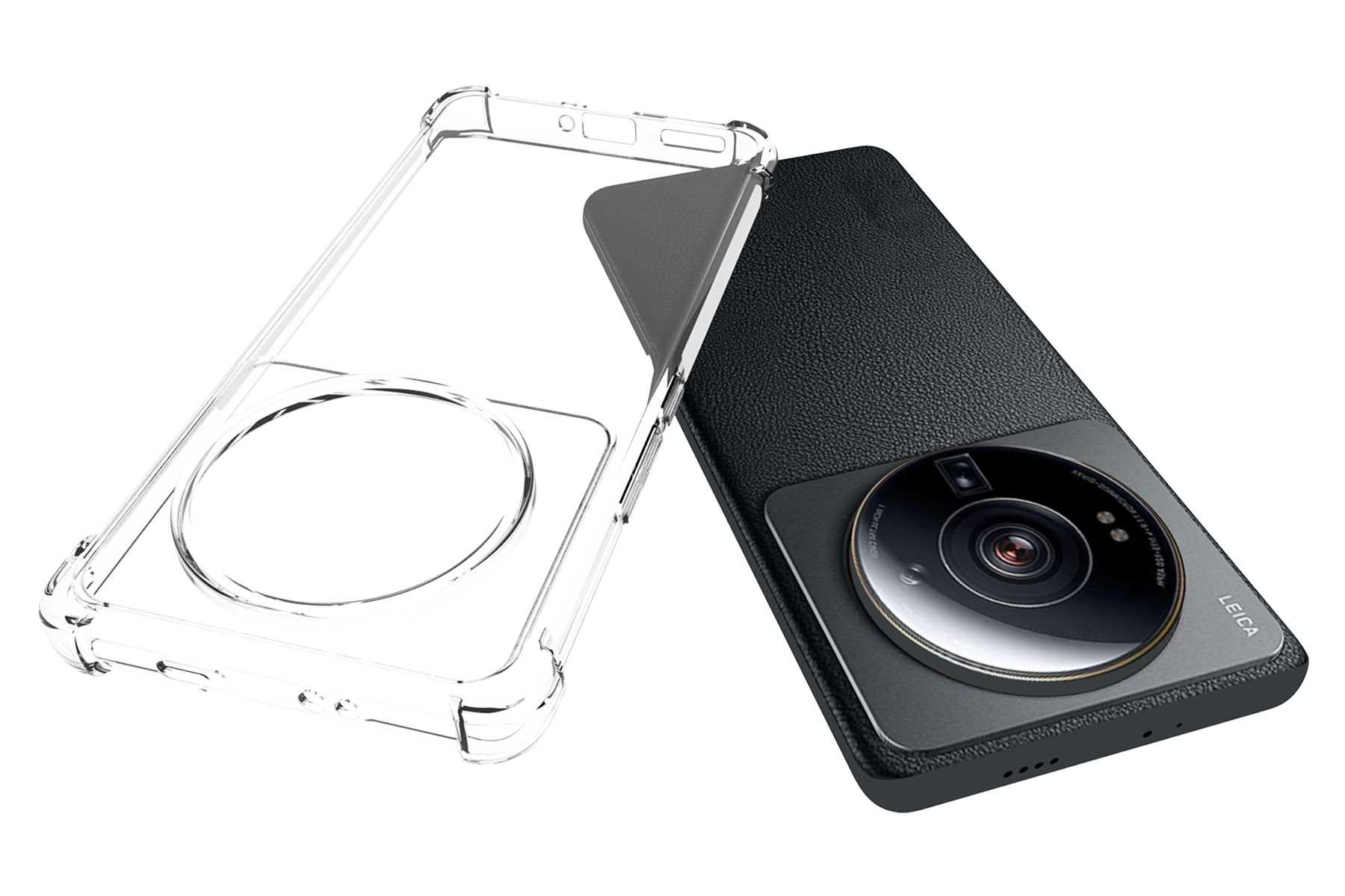 Ein Telefon mit transparenter Hülle und schwarzer Rückseite mit Kamera. Hülle liegt daneben.