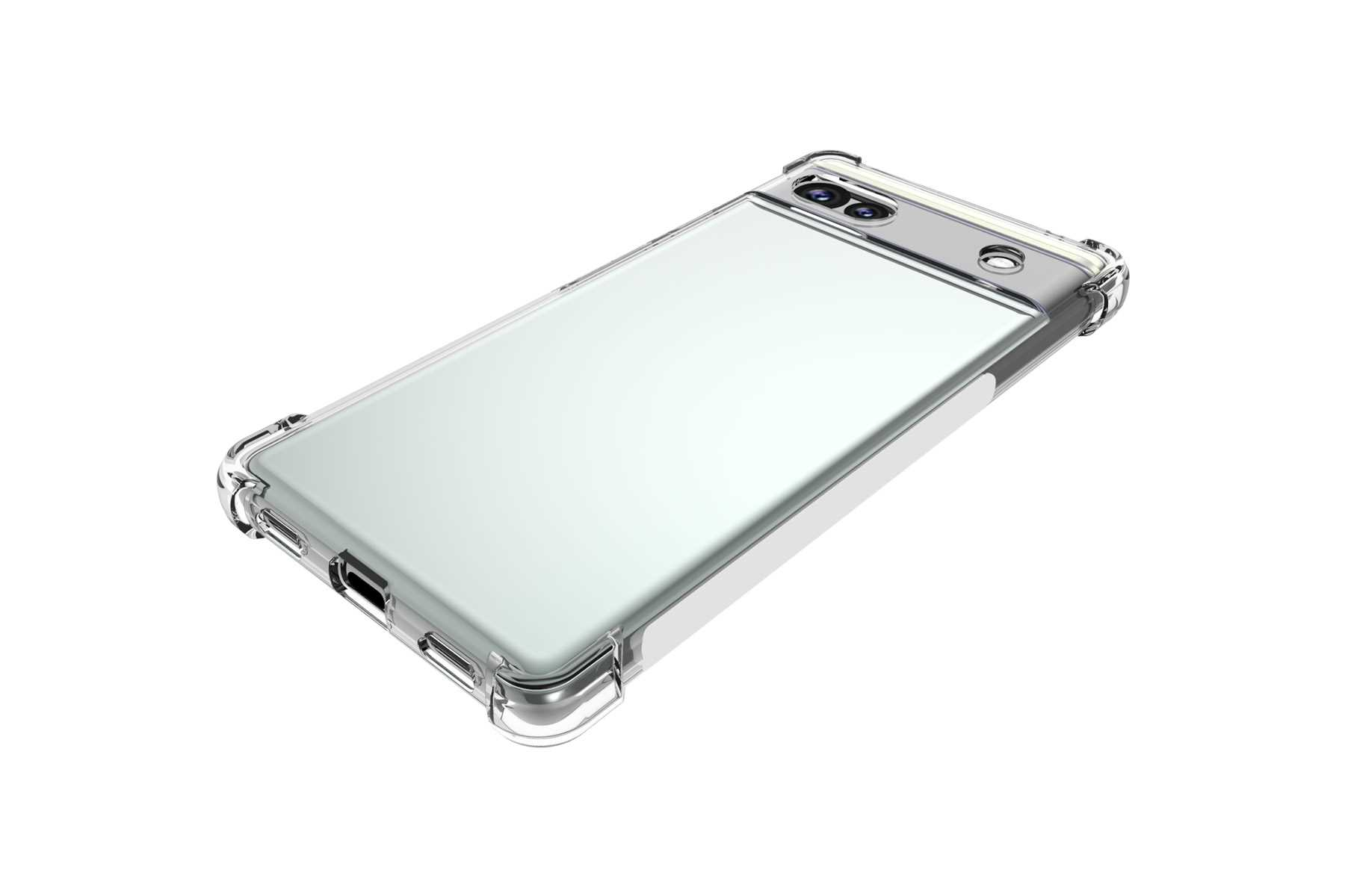 Handyhülle mit transparenten Seiten. Telefon ist drin. Silbernes Kameramodul sichtbar.
