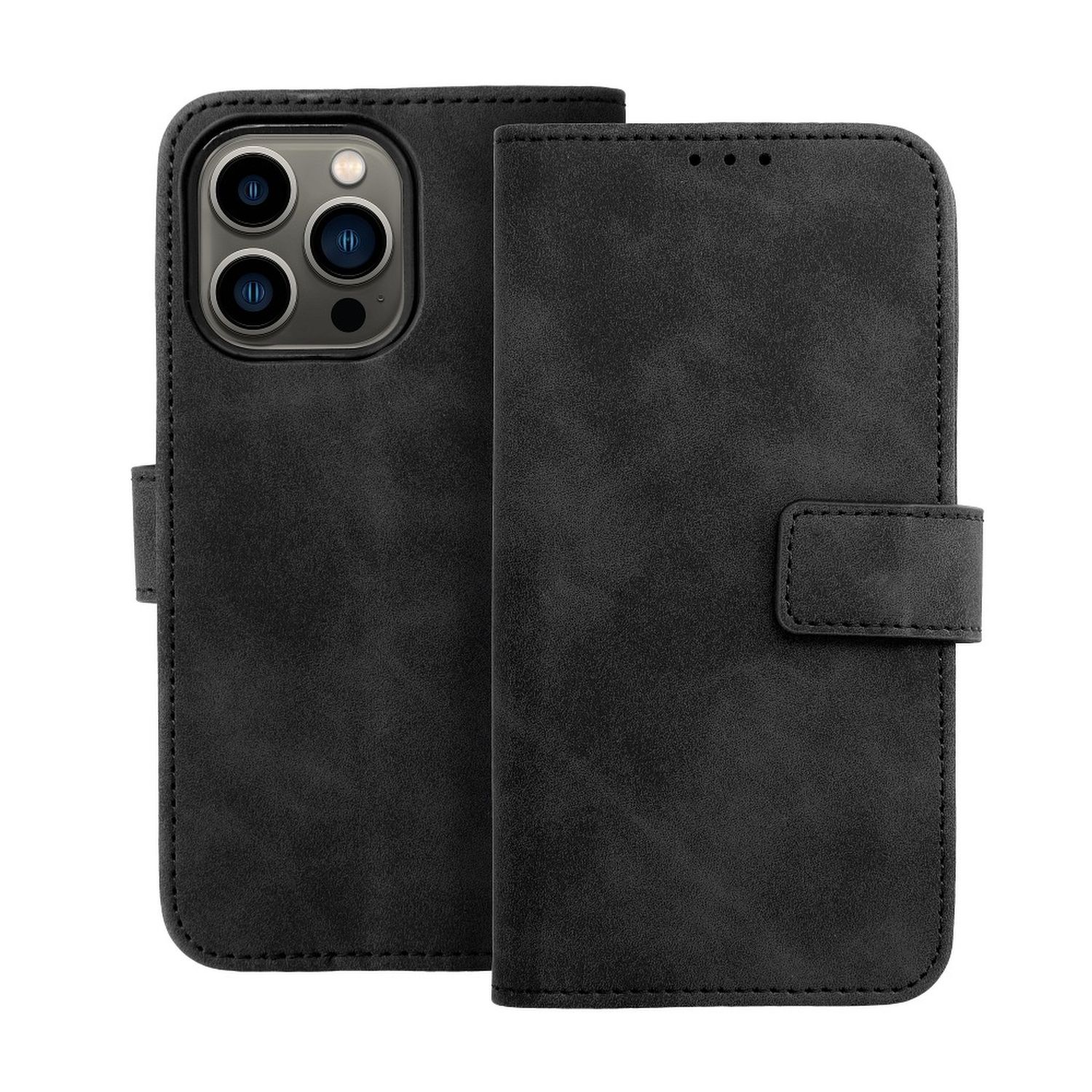 Custodia per telefono in pelle nera con chiusura magnetica.