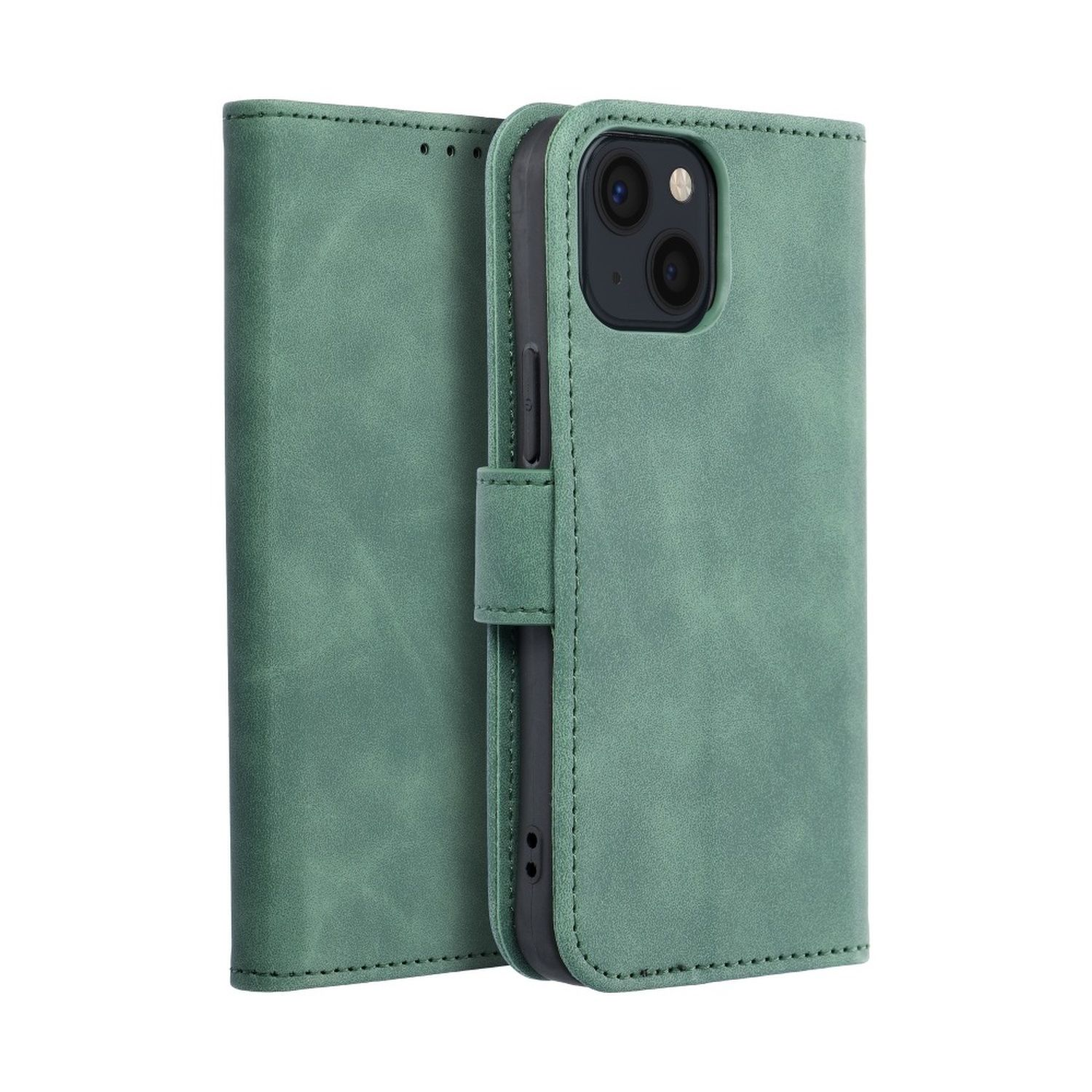 Una custodia per telefono verde, aperta, che rivela l'interno del telefono, su uno sfondo neutro.